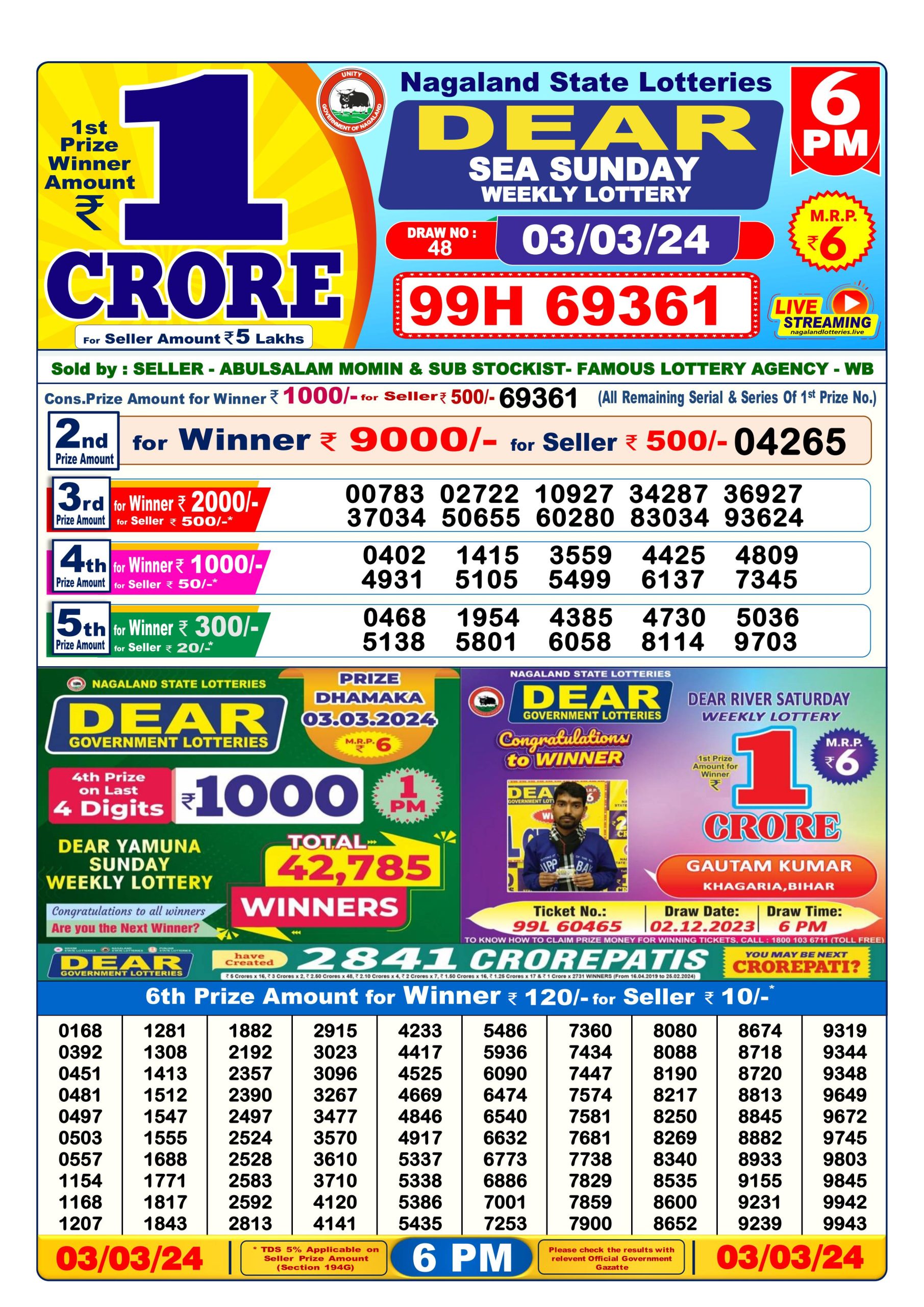 Dear lottery result 6pm 3/3/24