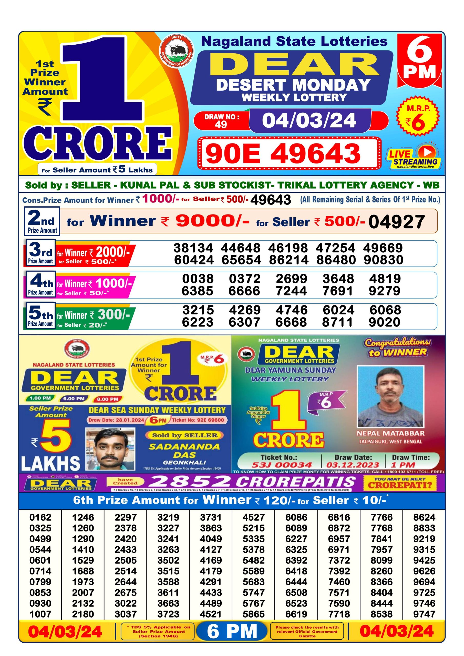 Dear Lottery Result 6PM 4 March 2024