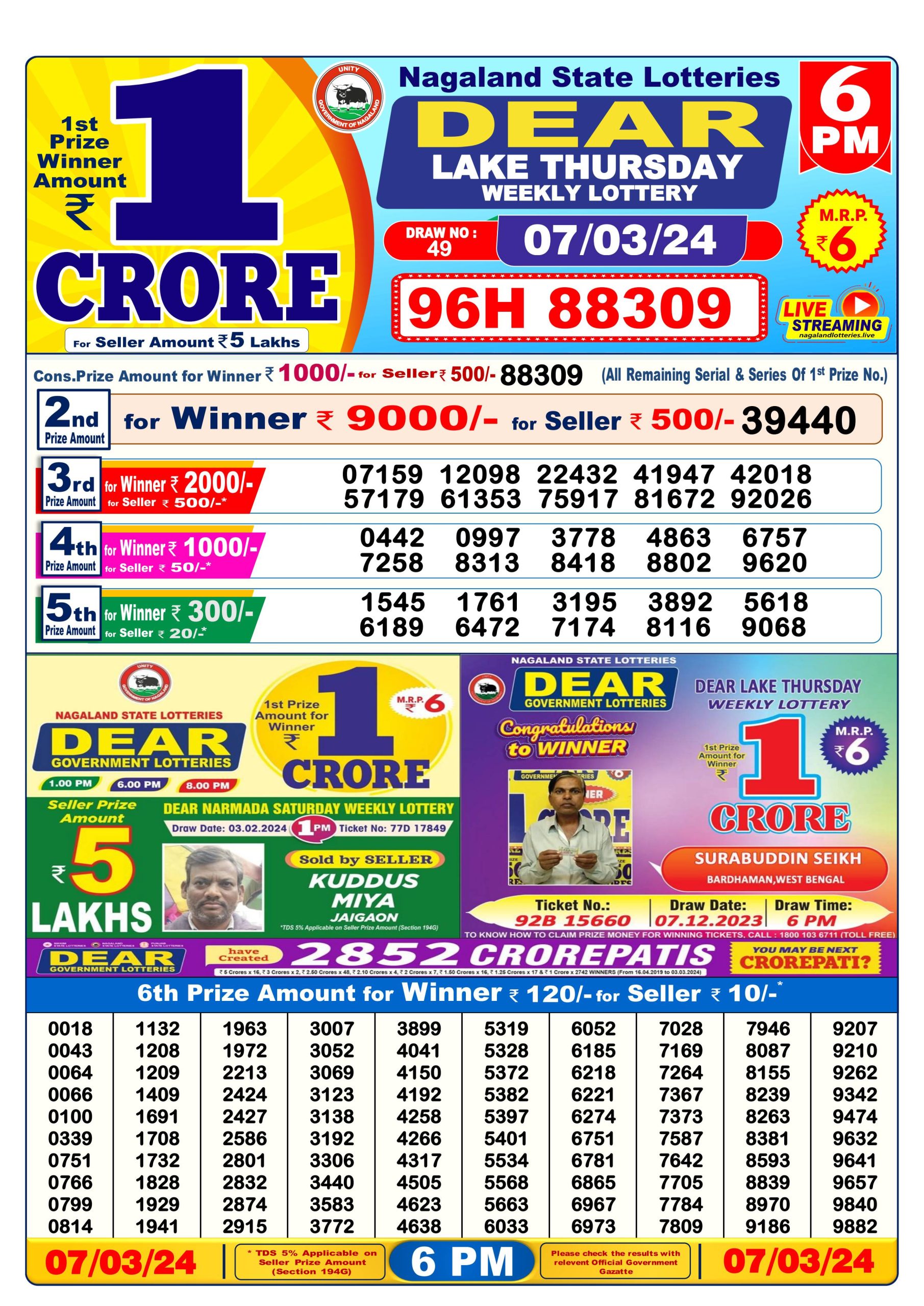 Dear lottery result 6pm 07/03/24