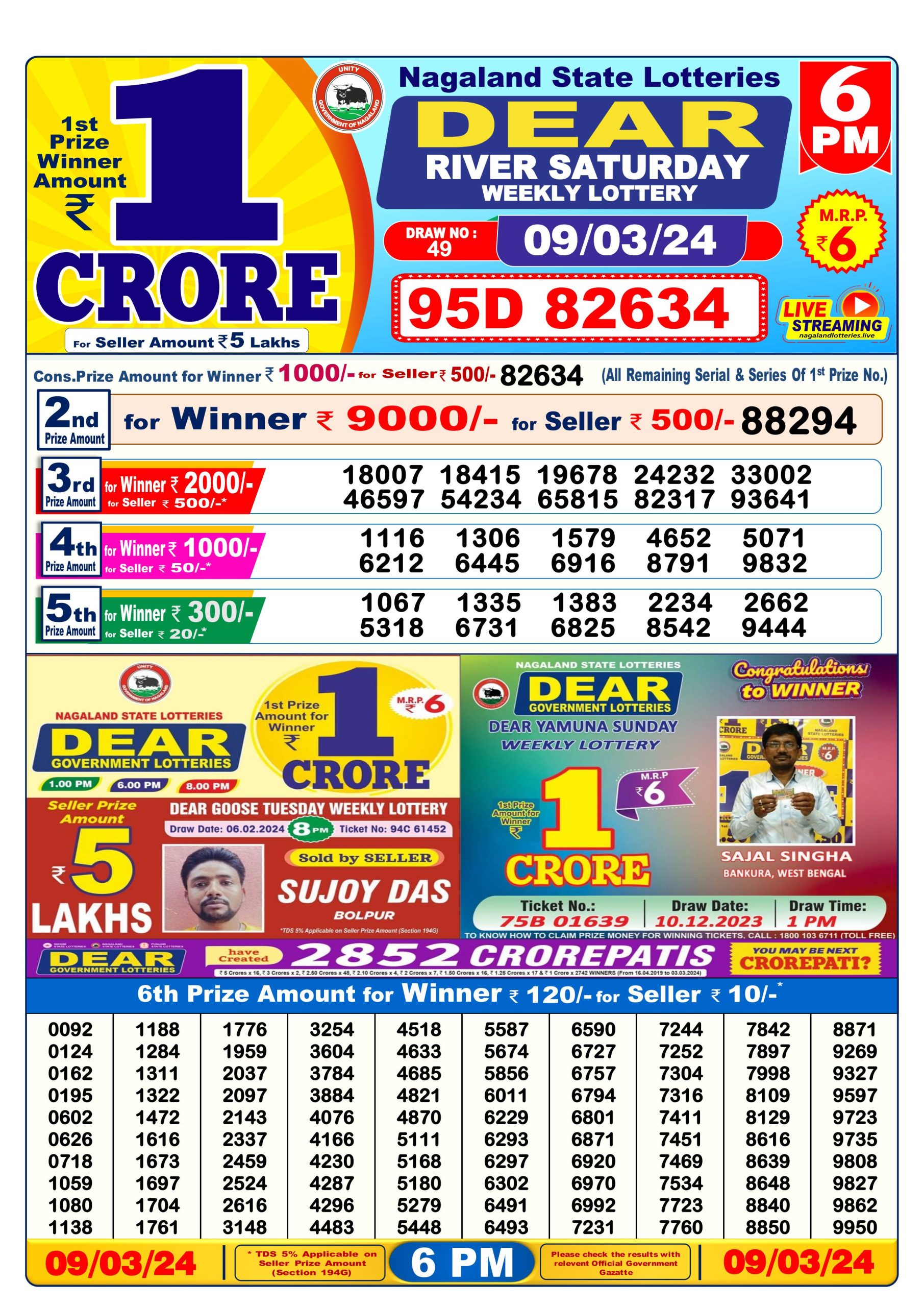 Dear Lottery Result 6 PM 9 March 2024