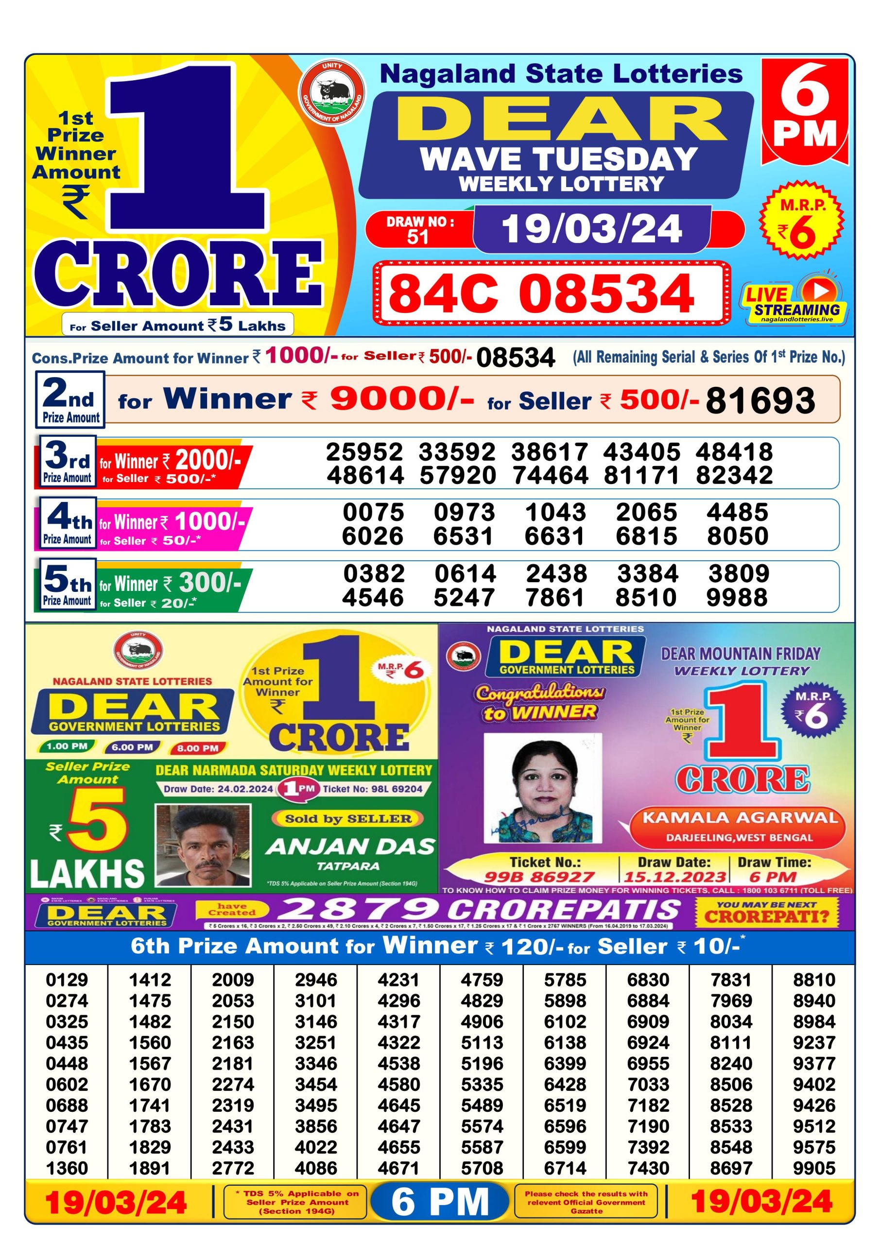 Dear lottery result 6pm 19-3-24