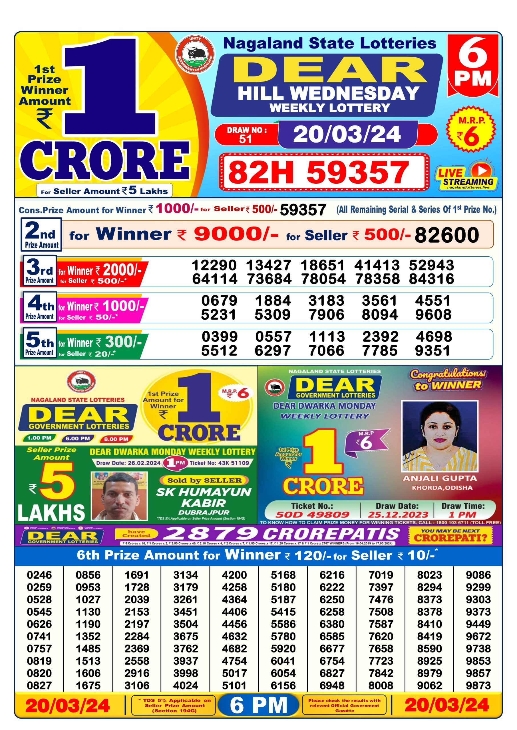 Dear lottery result 6pm 20-03-2024