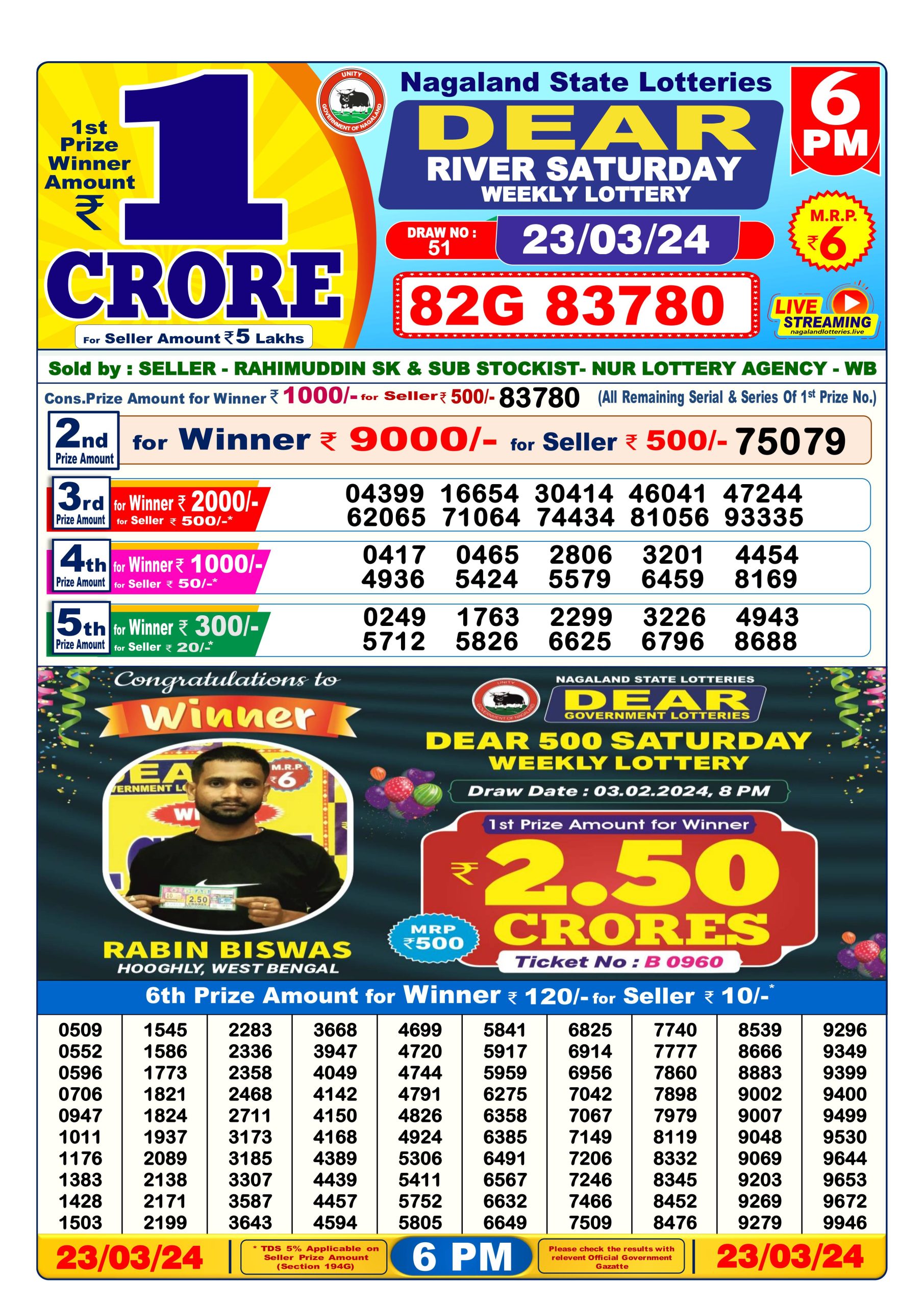 Dear lottery result 6pm 23-03-2024