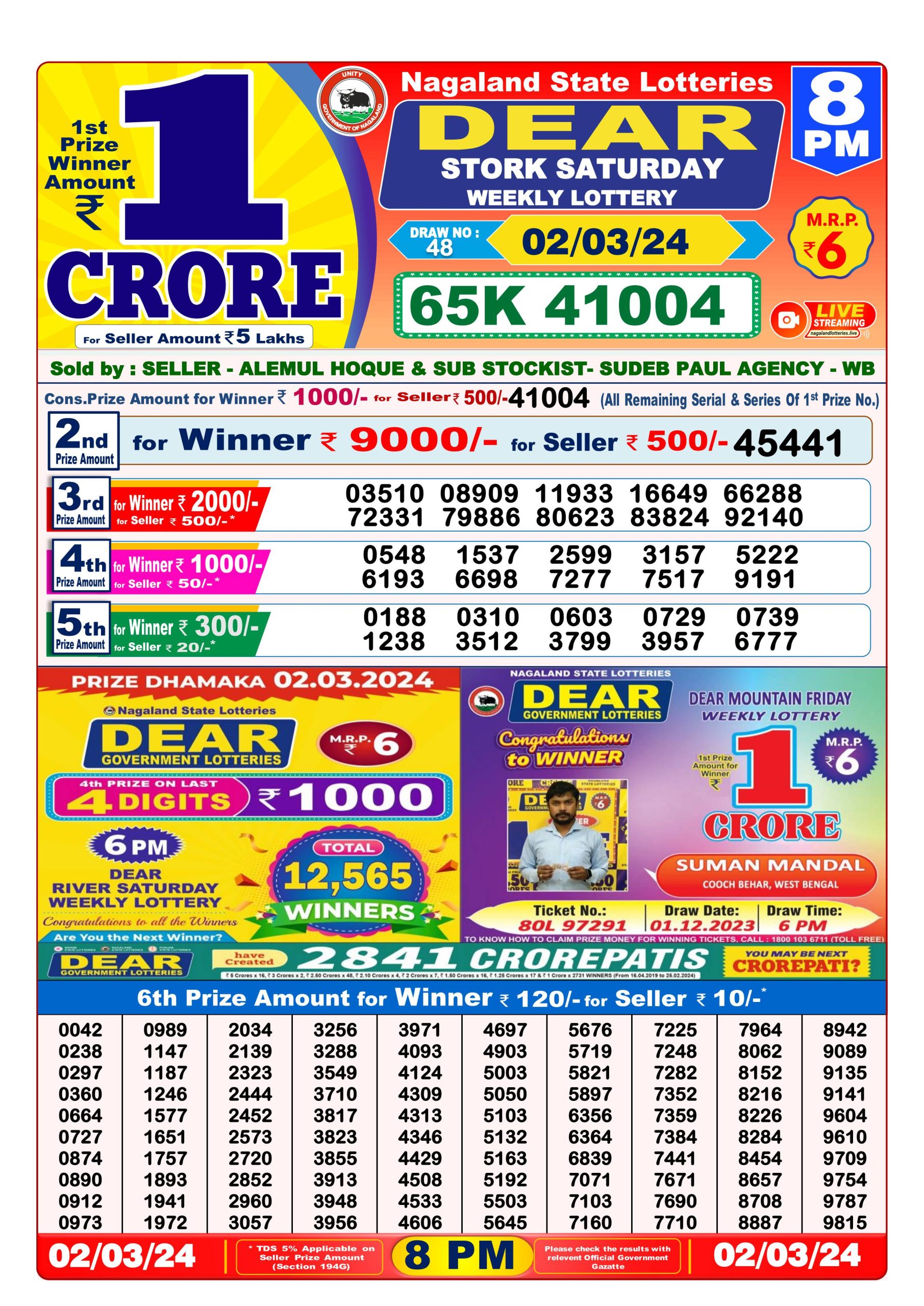 Dear daily 8pm lottery result 2-3-24