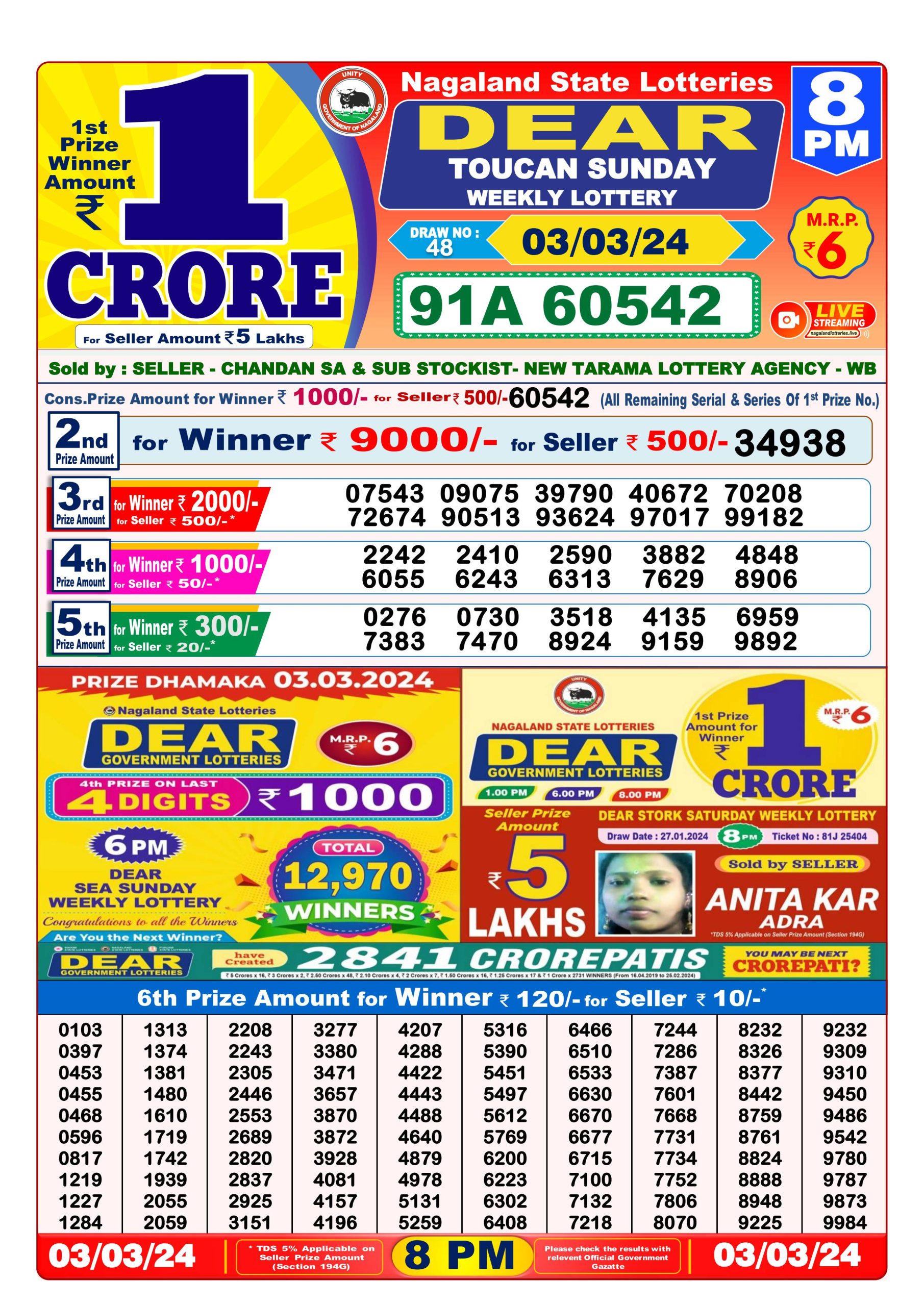 Dear Lottery Result  8PM 3 March 2024