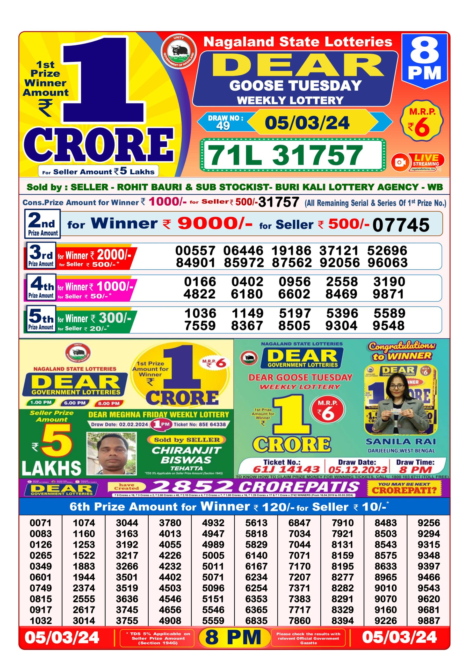 Dear lottery result 8pm 5 march 24