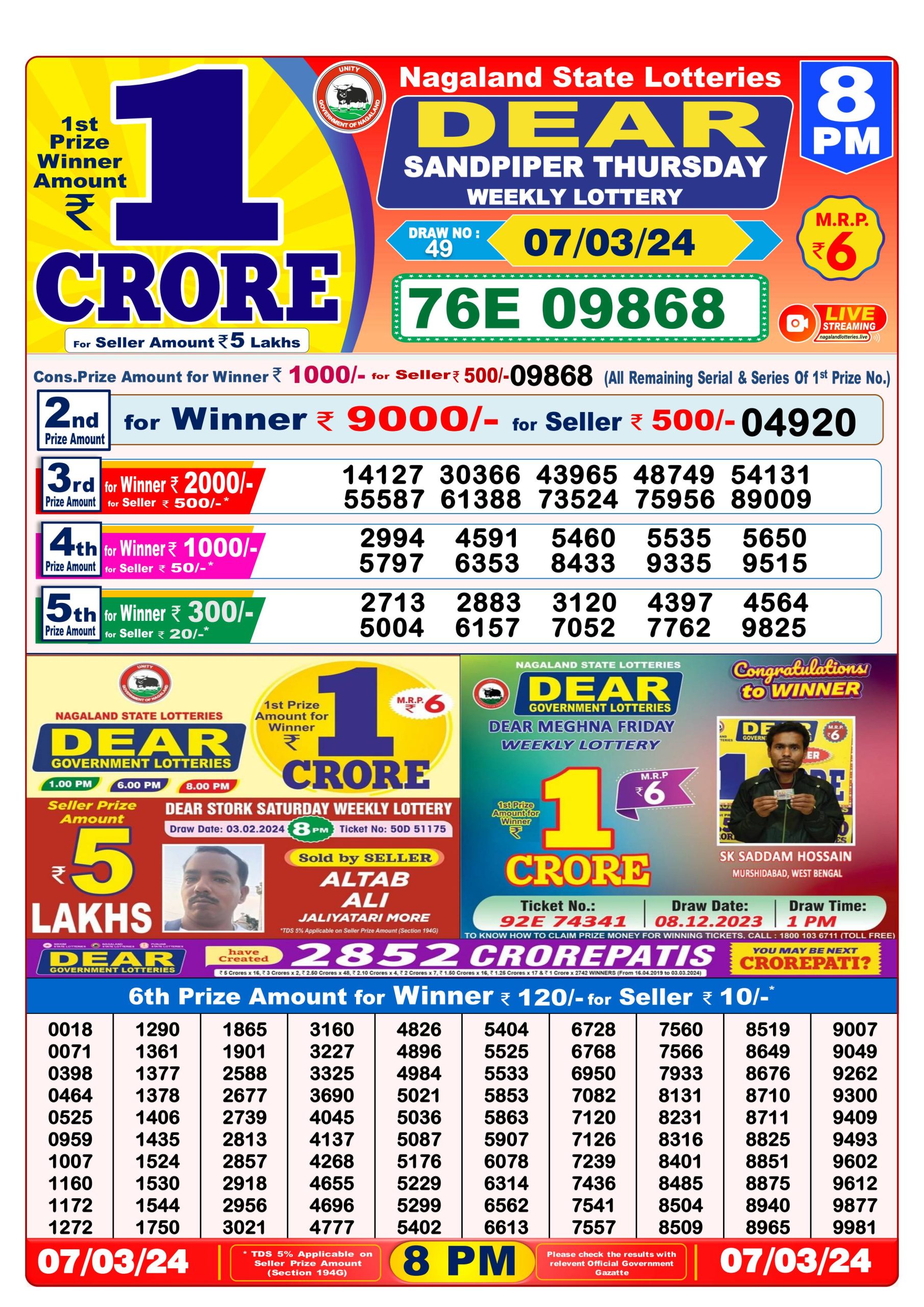 Dear lottery result 8pm 7 march 24