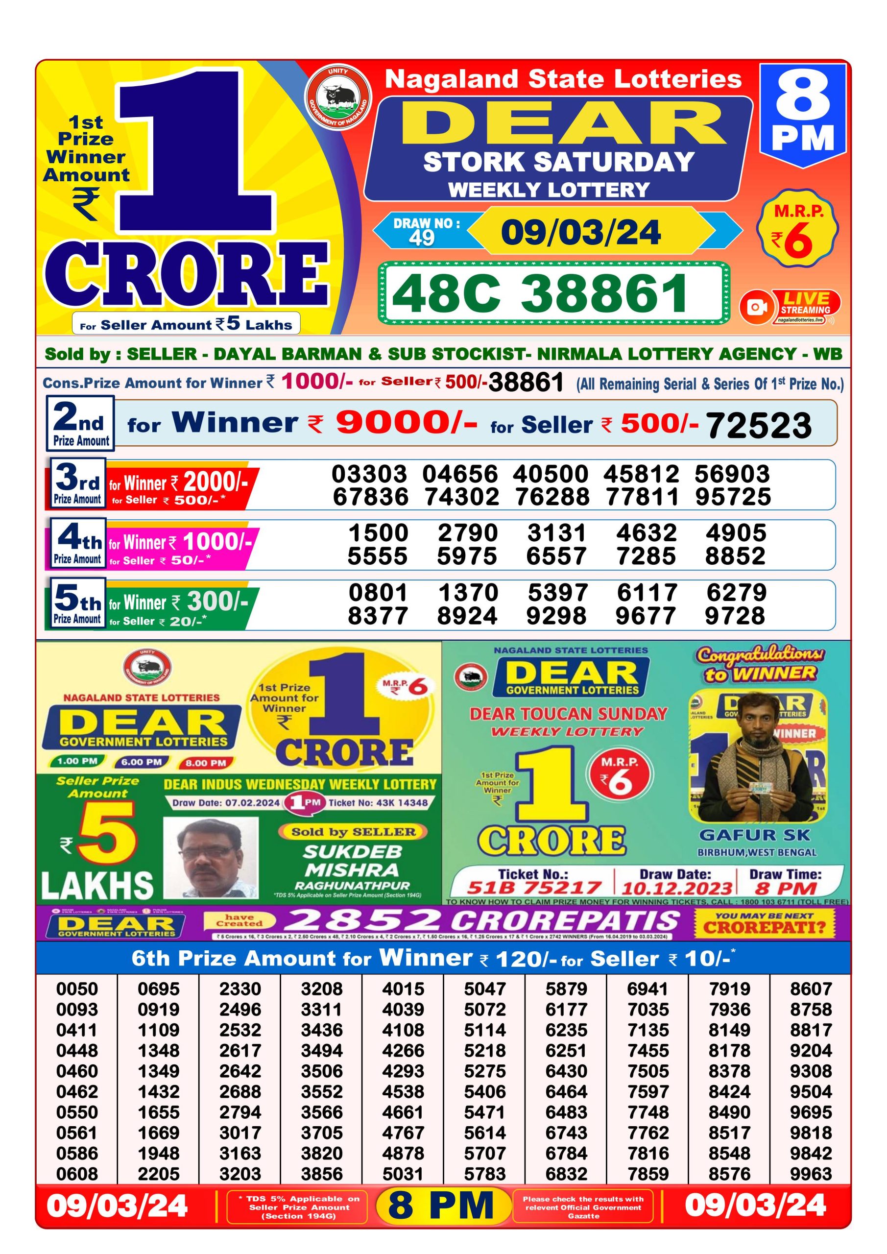 Dear lottery result 8pm 9-03-24