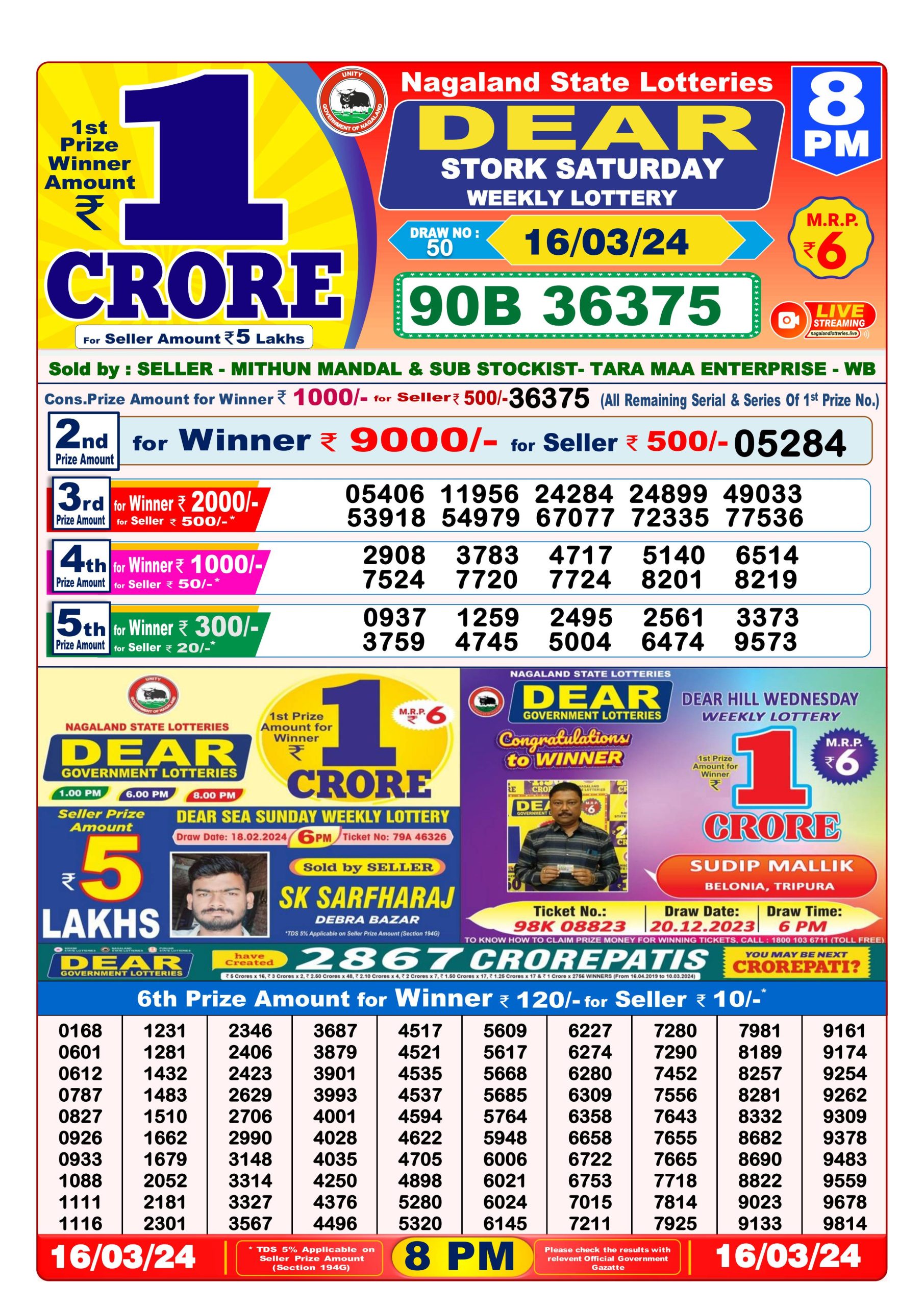 Dear lottery result 8pm 16-3-24