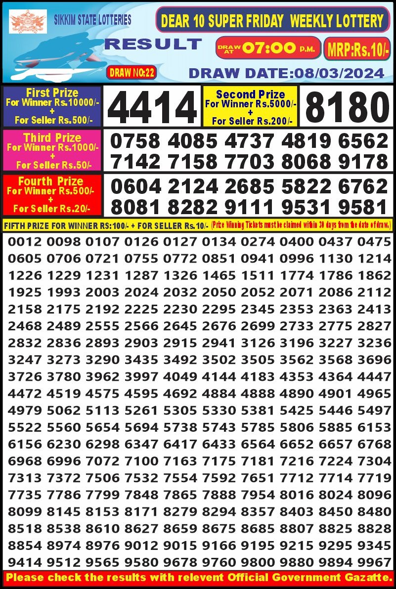 Dear10  Lottery Result 7 PM 8 March 2024