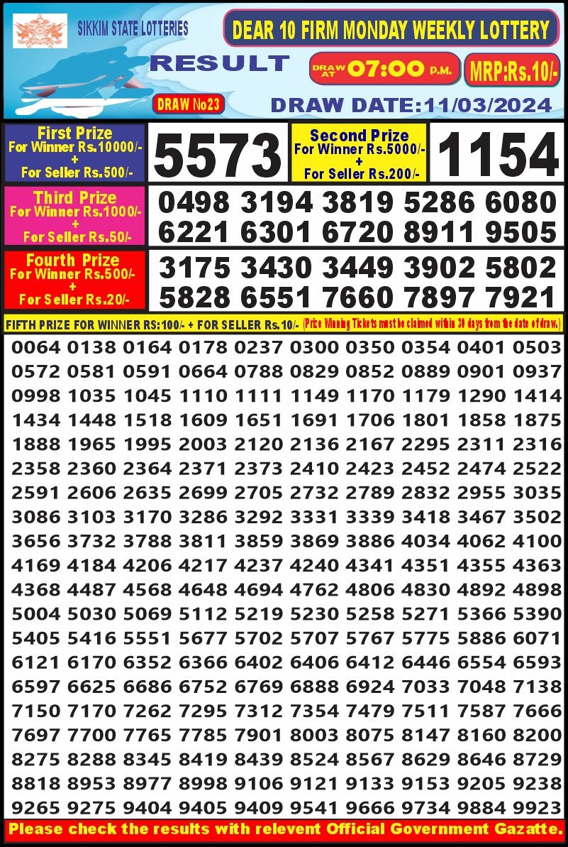 Dear10  lottery result 7pm 11-03-2024