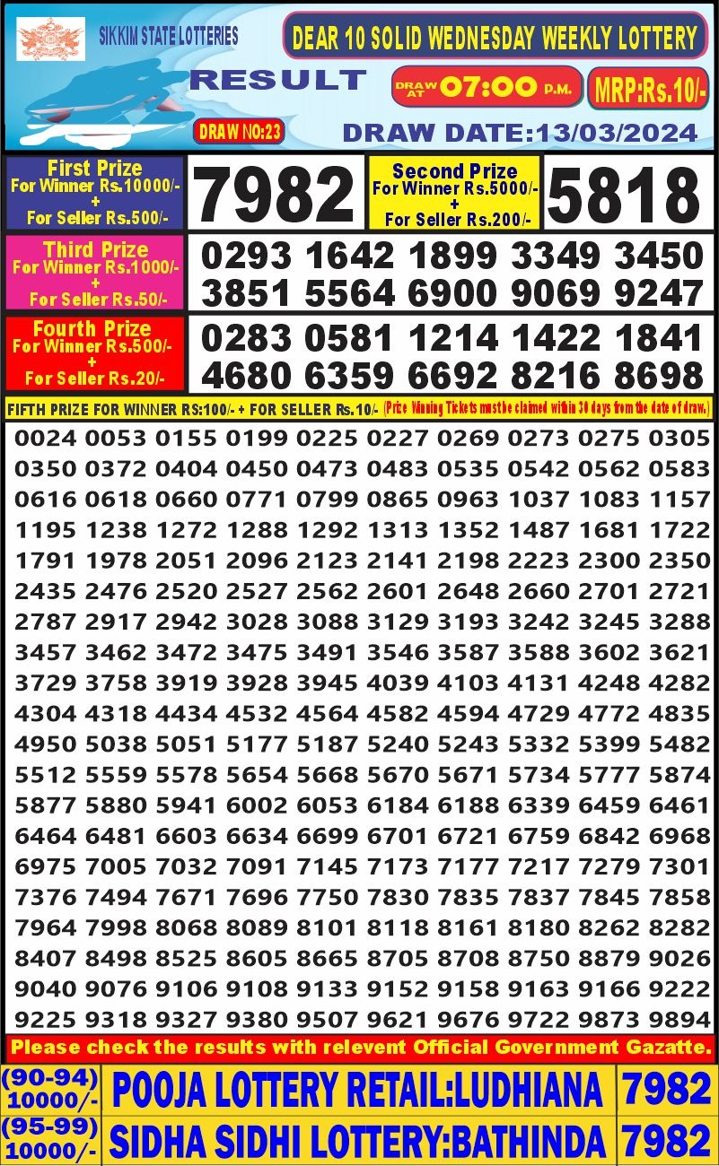 Dear10  lottery result 7pm 13-3-24