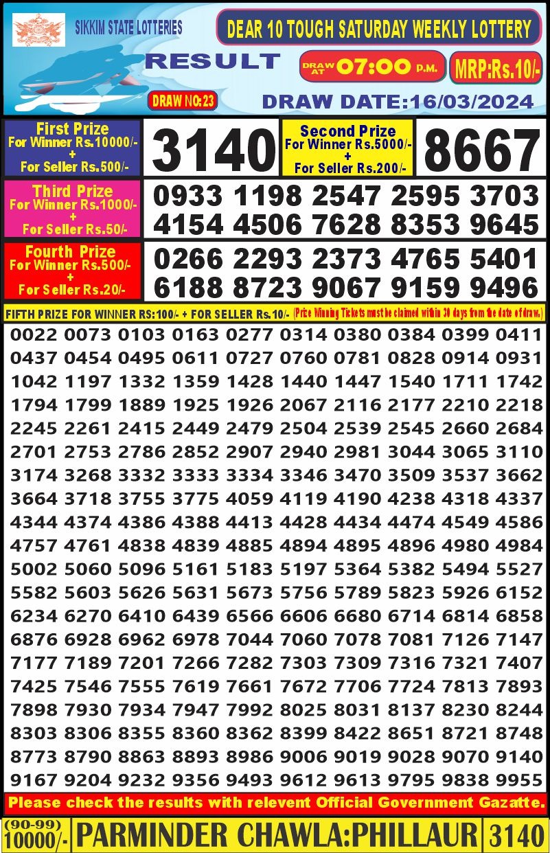 Dear10 lottery result 7pm 16-3-24