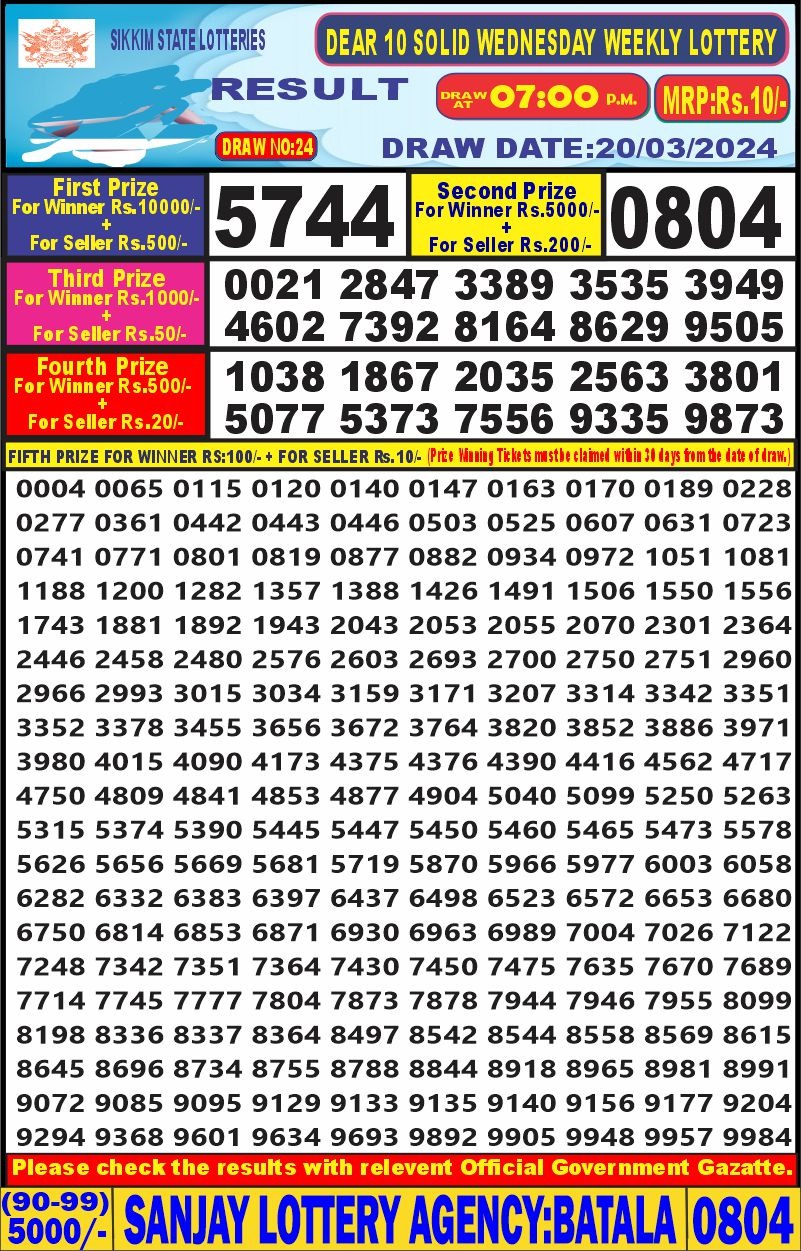 Dear10 lottery result 7pm 20-3-24