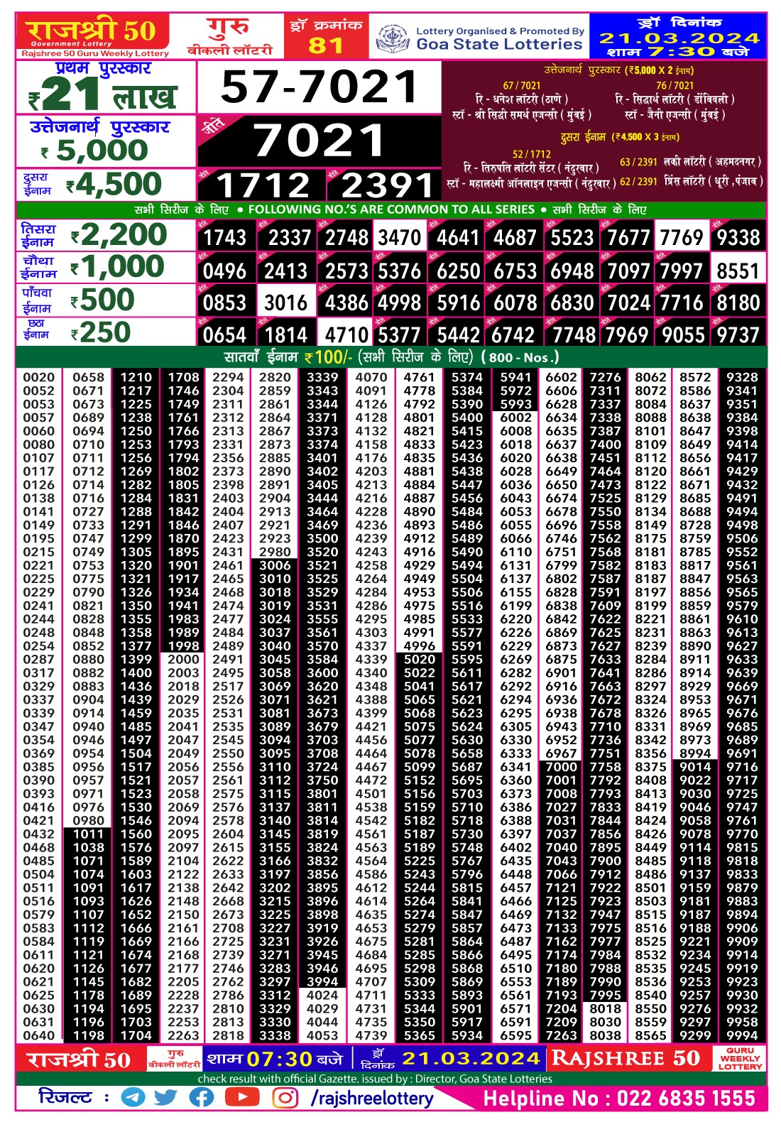 Rajshree50  daily lottery result 7.30pm 21-3-24