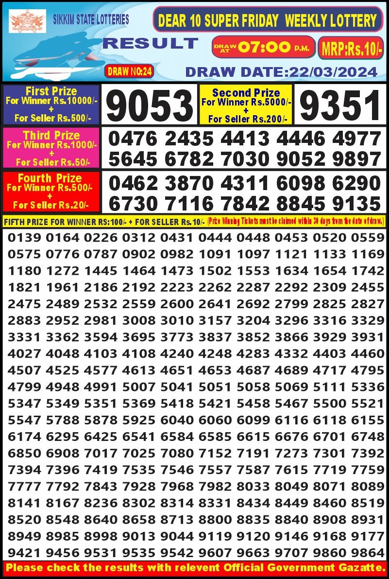 Dear lottery result 7pm 22-3-24