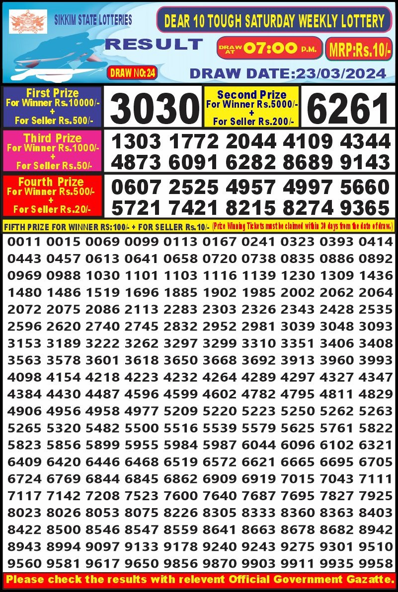 Dear10 lottery result 7pm 23-3-24