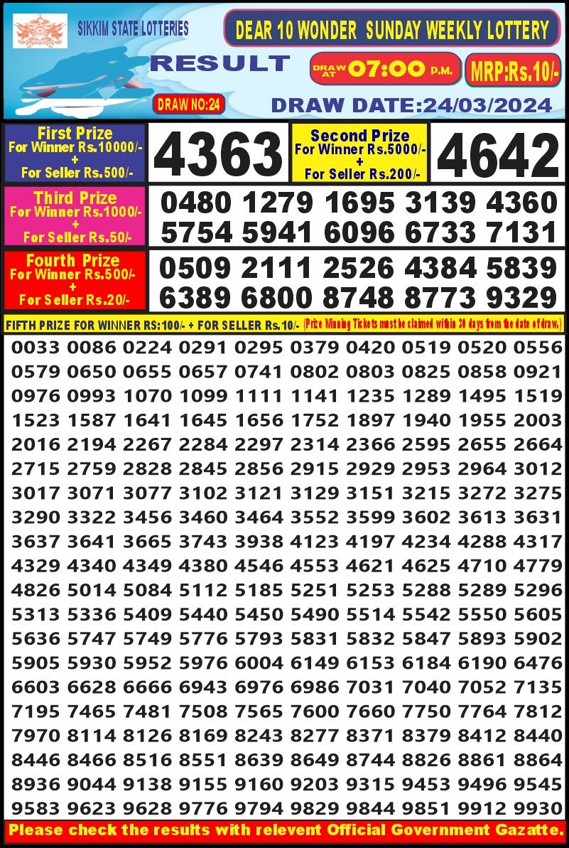 Dear10 lottery result 7pm 24-3-24