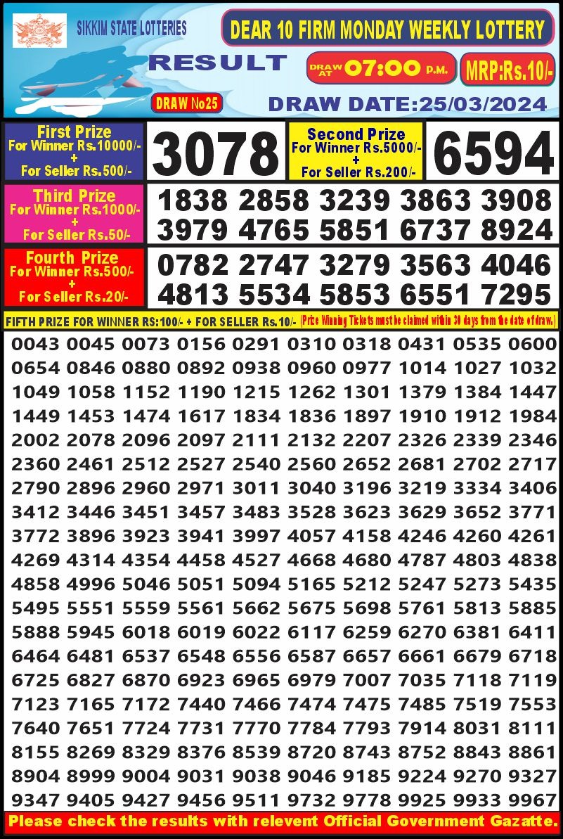 Dear10 lottery result 7pm 25-3-24