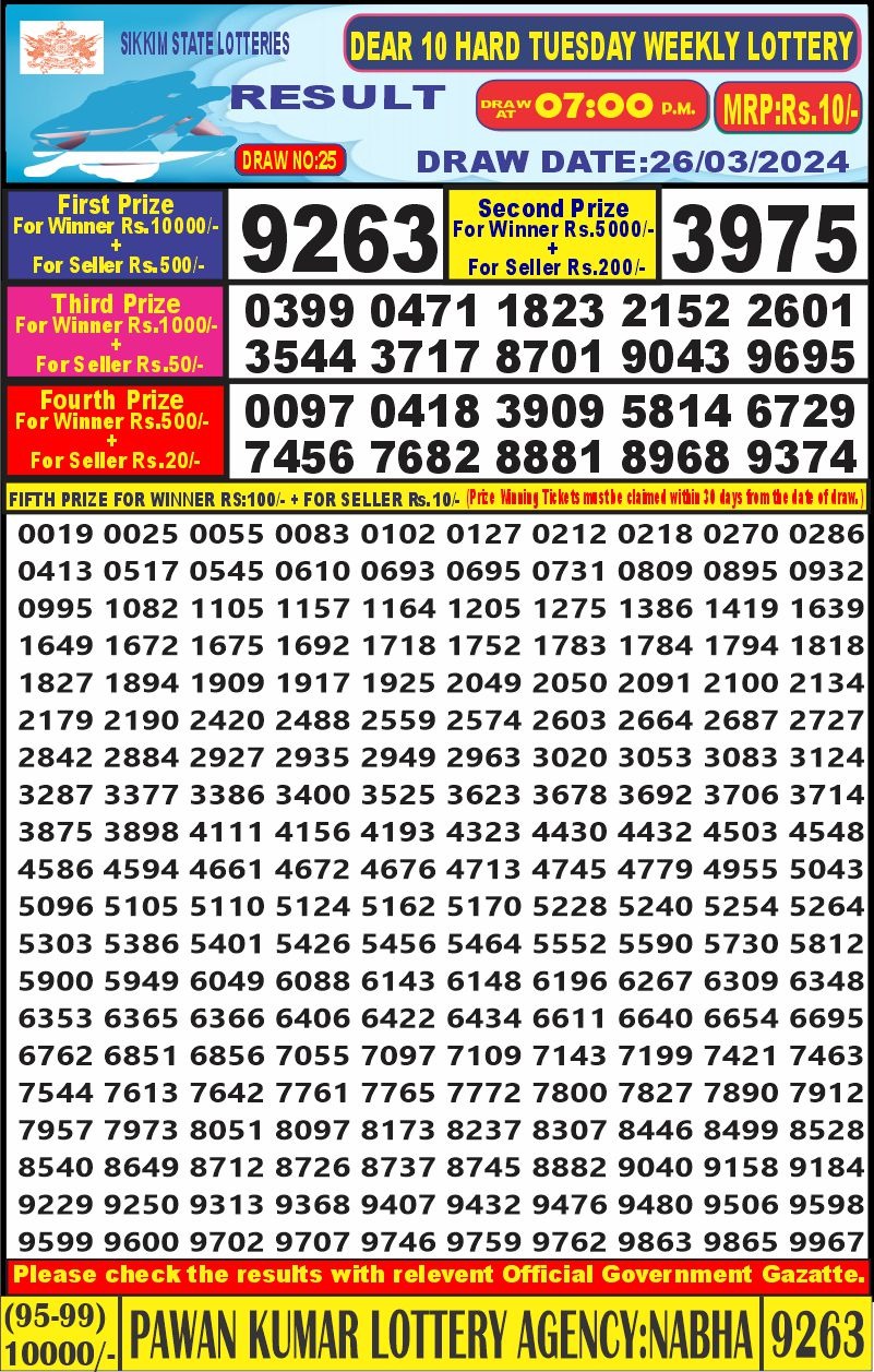 Dear10 lottery result 7pm 26-3-24