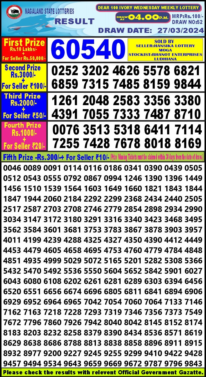 Dear100 4pm lottery result 27-3-24