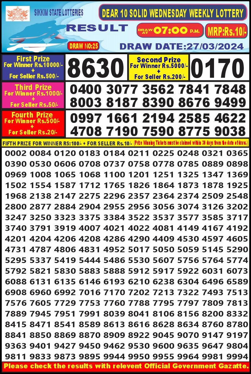 Dear10 lottery result 7pm 27-3-24