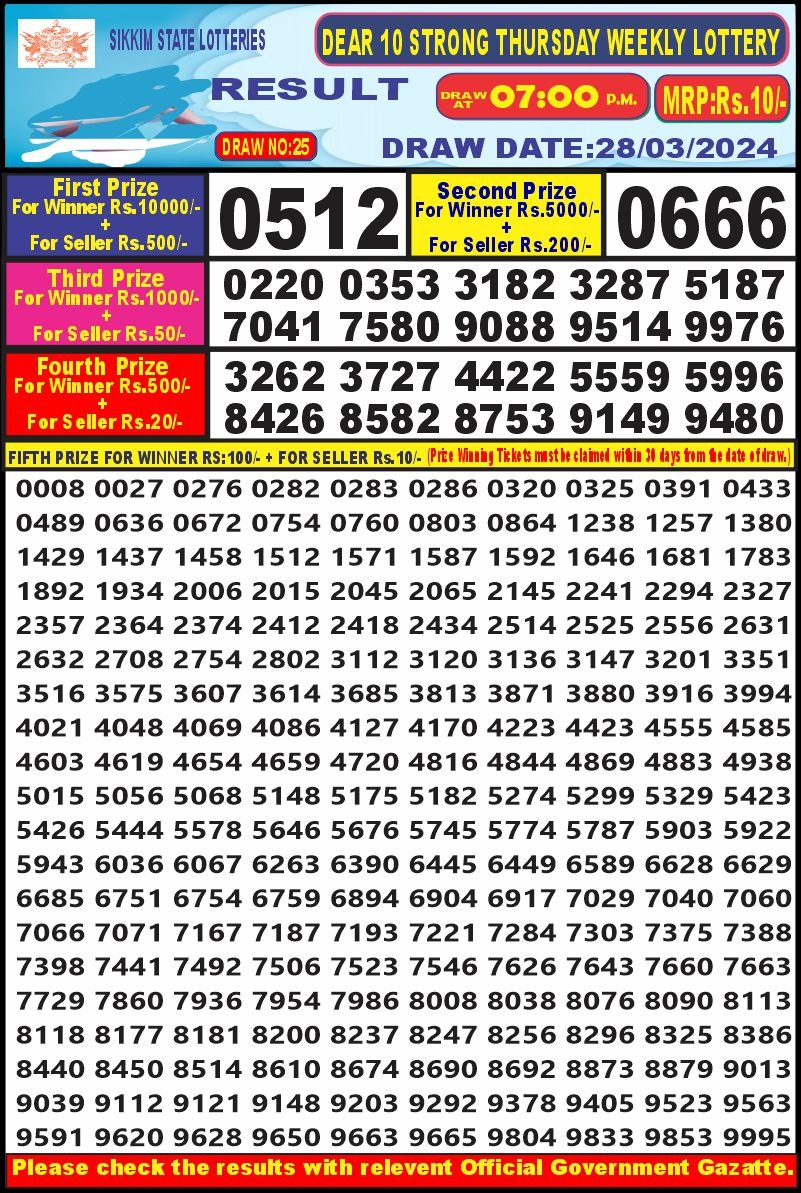 Dear10 lottery result 7pm 28-3-24