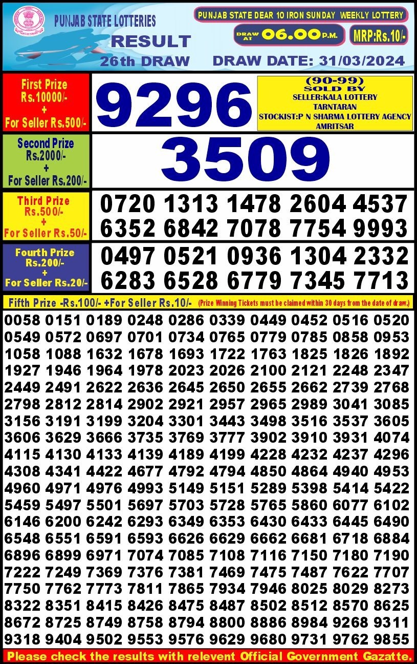 Punjab state dear10 lottery result 6pm 31-3-2024