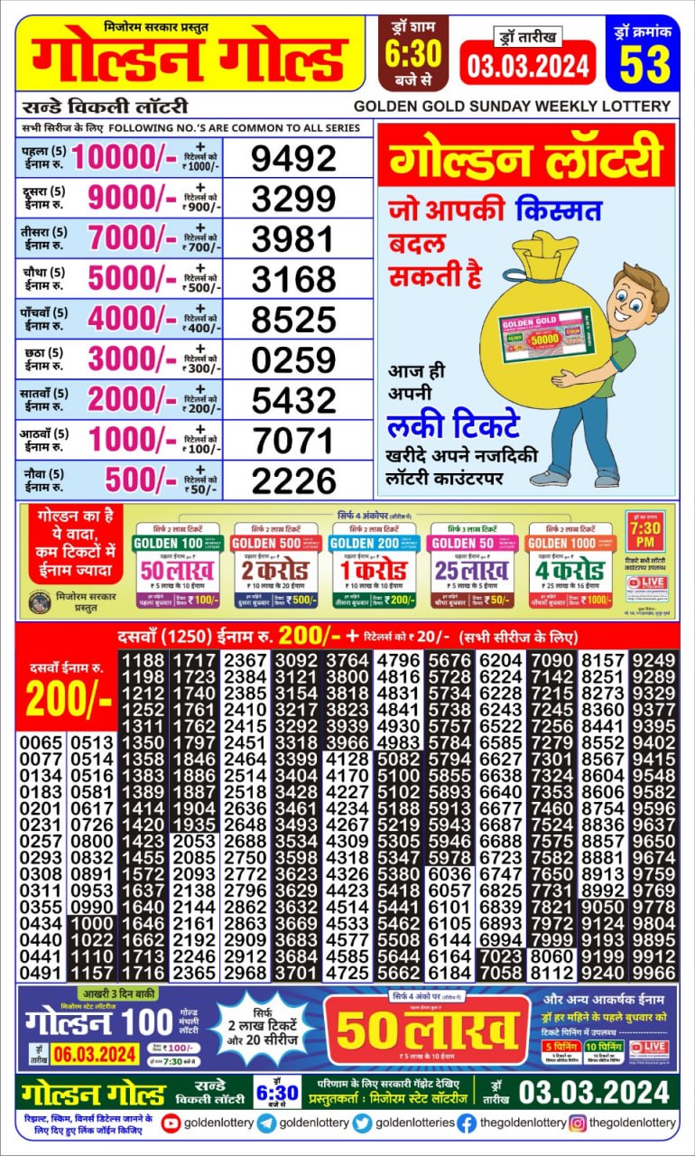 Golden gold lottery result 6.30pm 3 march 24