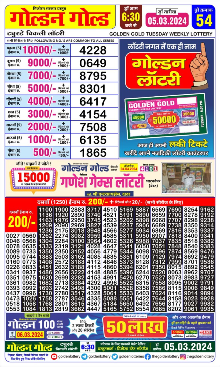 Golden gold lottery result 6.30pm 5 march 24