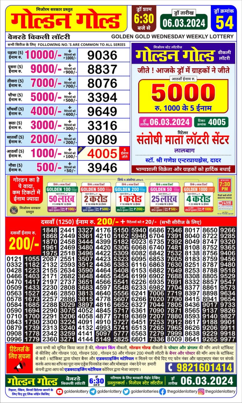 Golden gold lottery result 6.30pm 6 march 24