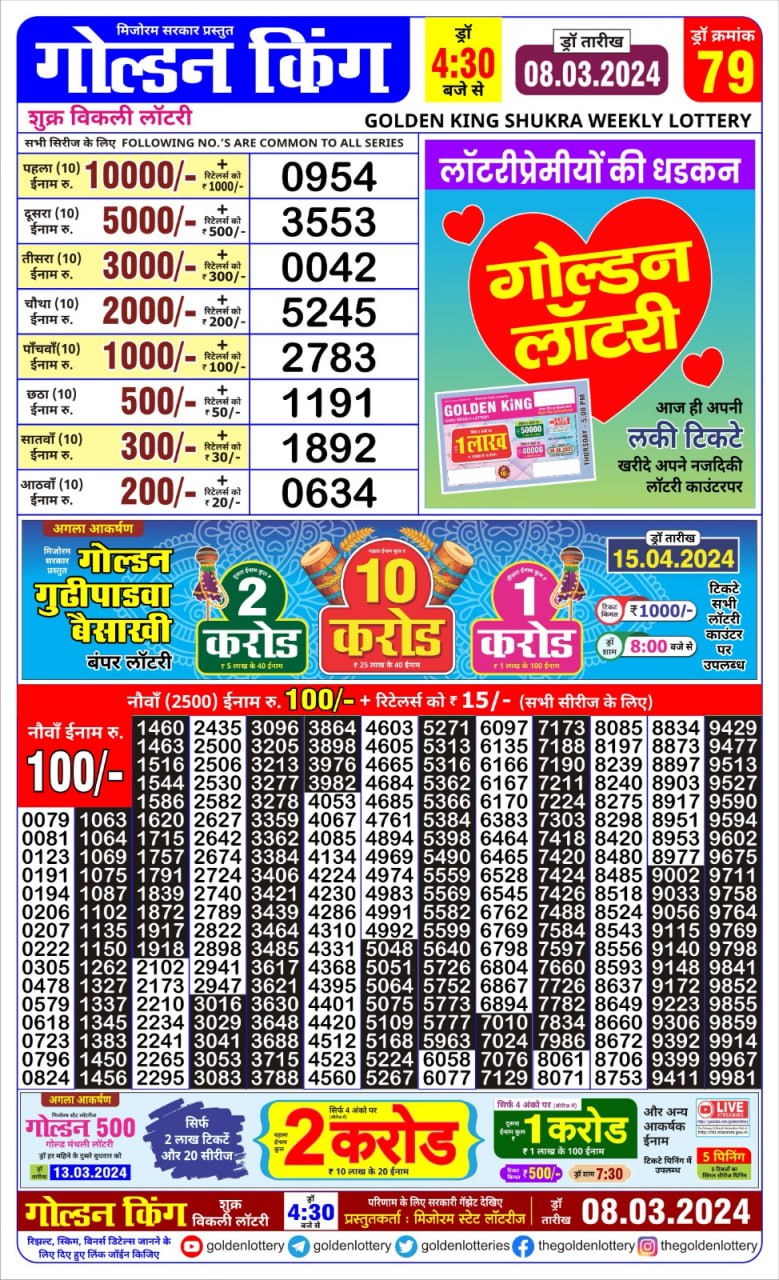 Golden king lottery result 4.30pm 8 march 24