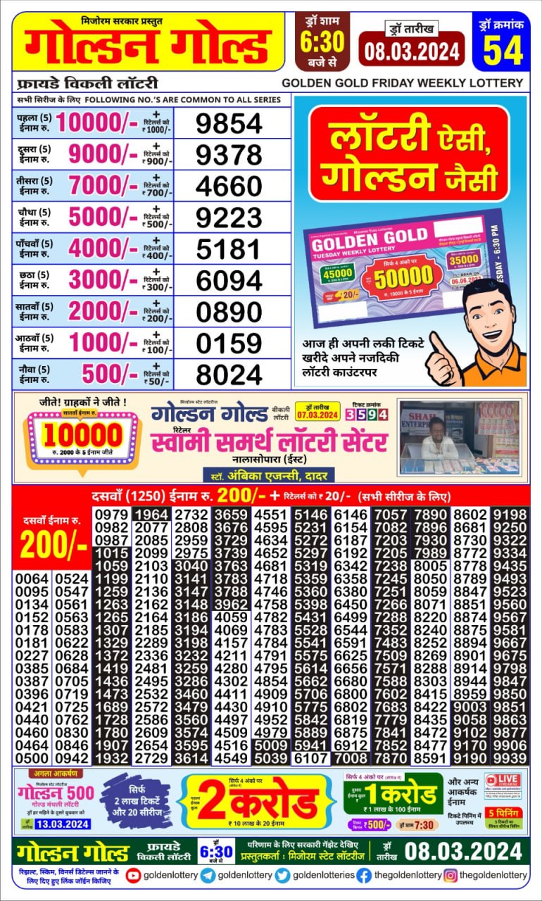 Golden gold lottery result 6.30pm 8 march 24