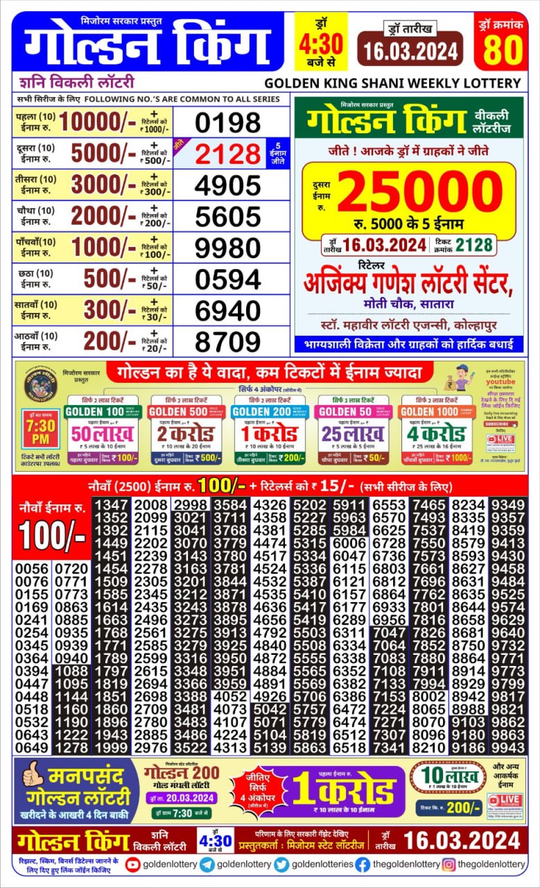 Golden king lottery 4.30pm 16-3-24