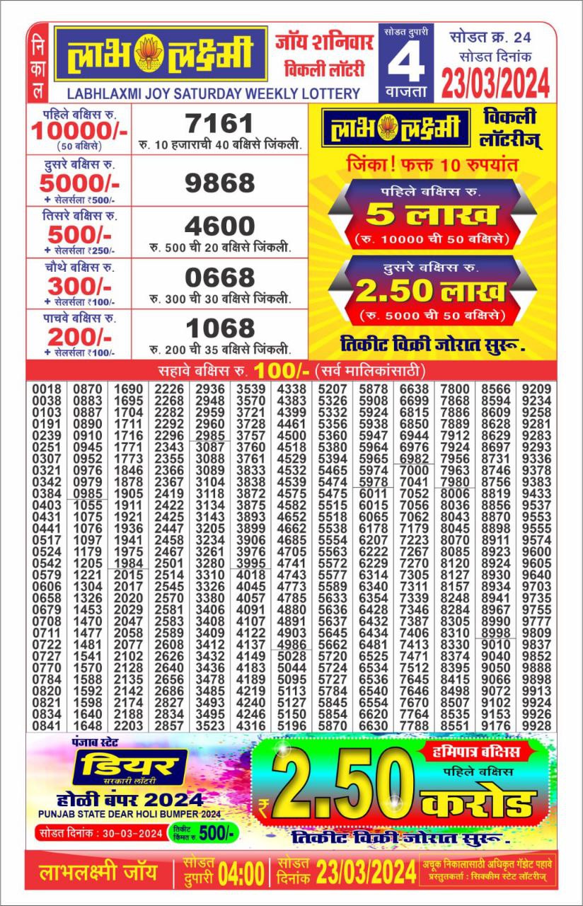 Labh laxmi lottery result 4pm 23-3-24