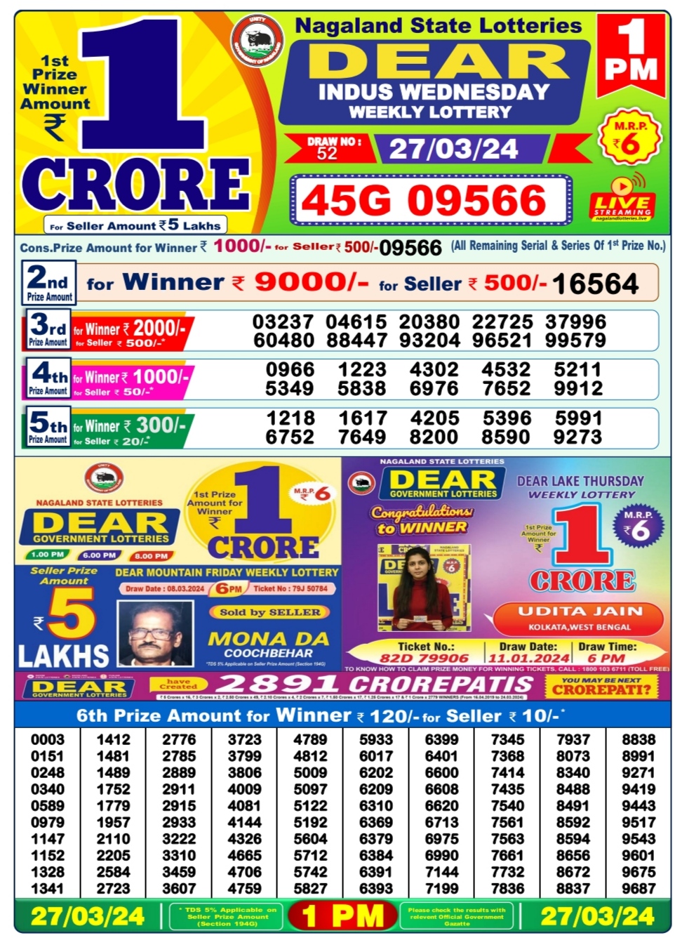 Dear lottery result 1pm 27-3-24