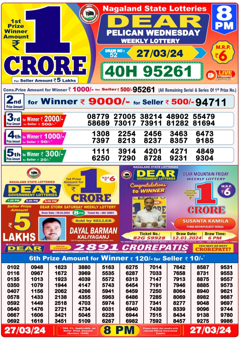 Dear lottery result 8pm 27-3-24