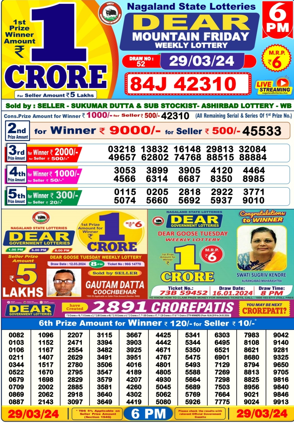 Dear lottery result 6pm 29-3-24