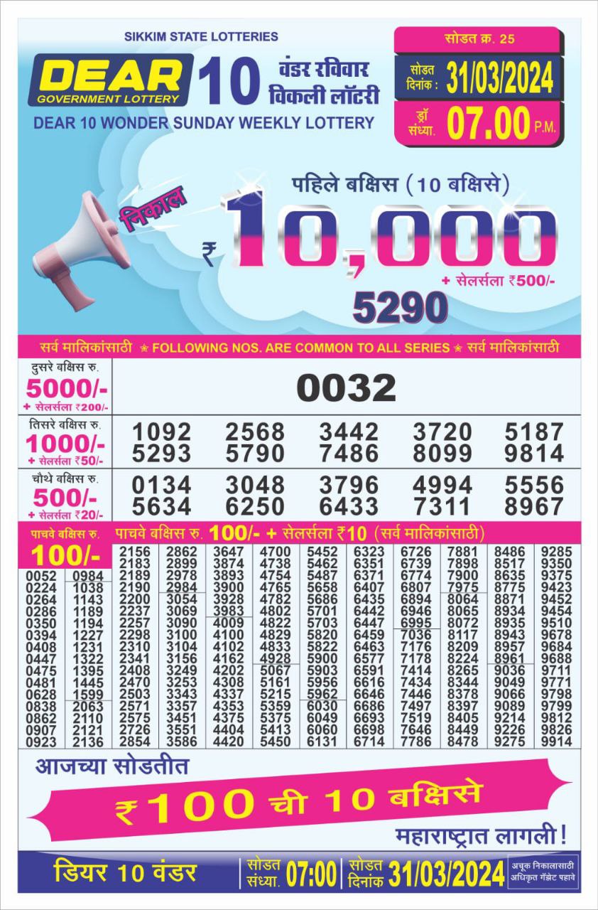 Dear10 lottery result 7pm 31-3-24