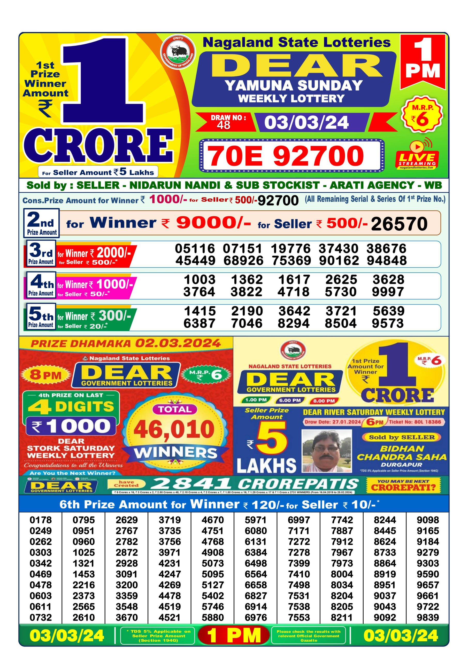 Dear daily 1pm lottery result 3-3-24