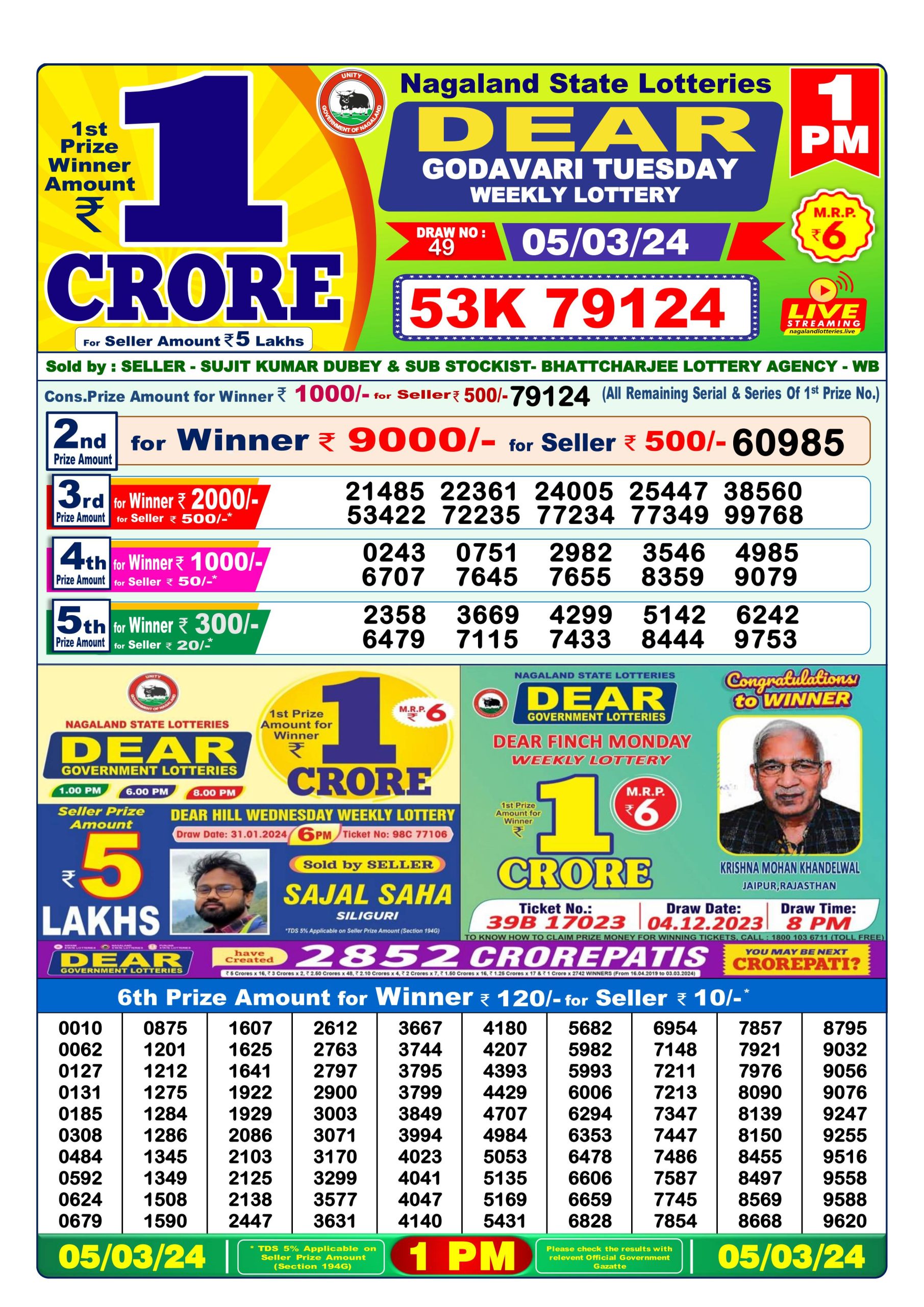 Dear lottery result 1pm 5 march 24