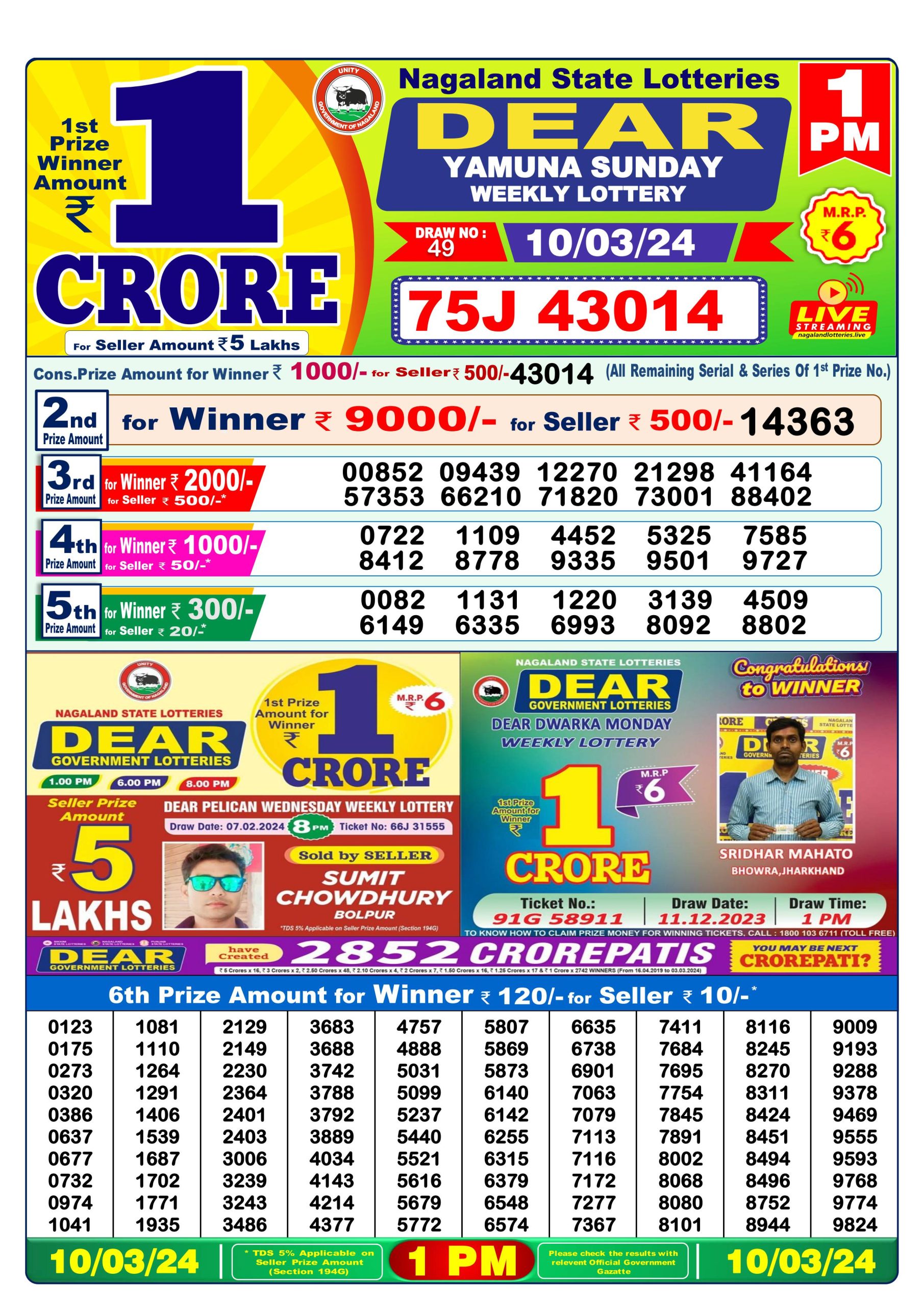 Dear lottery result 1pm 10-03-24