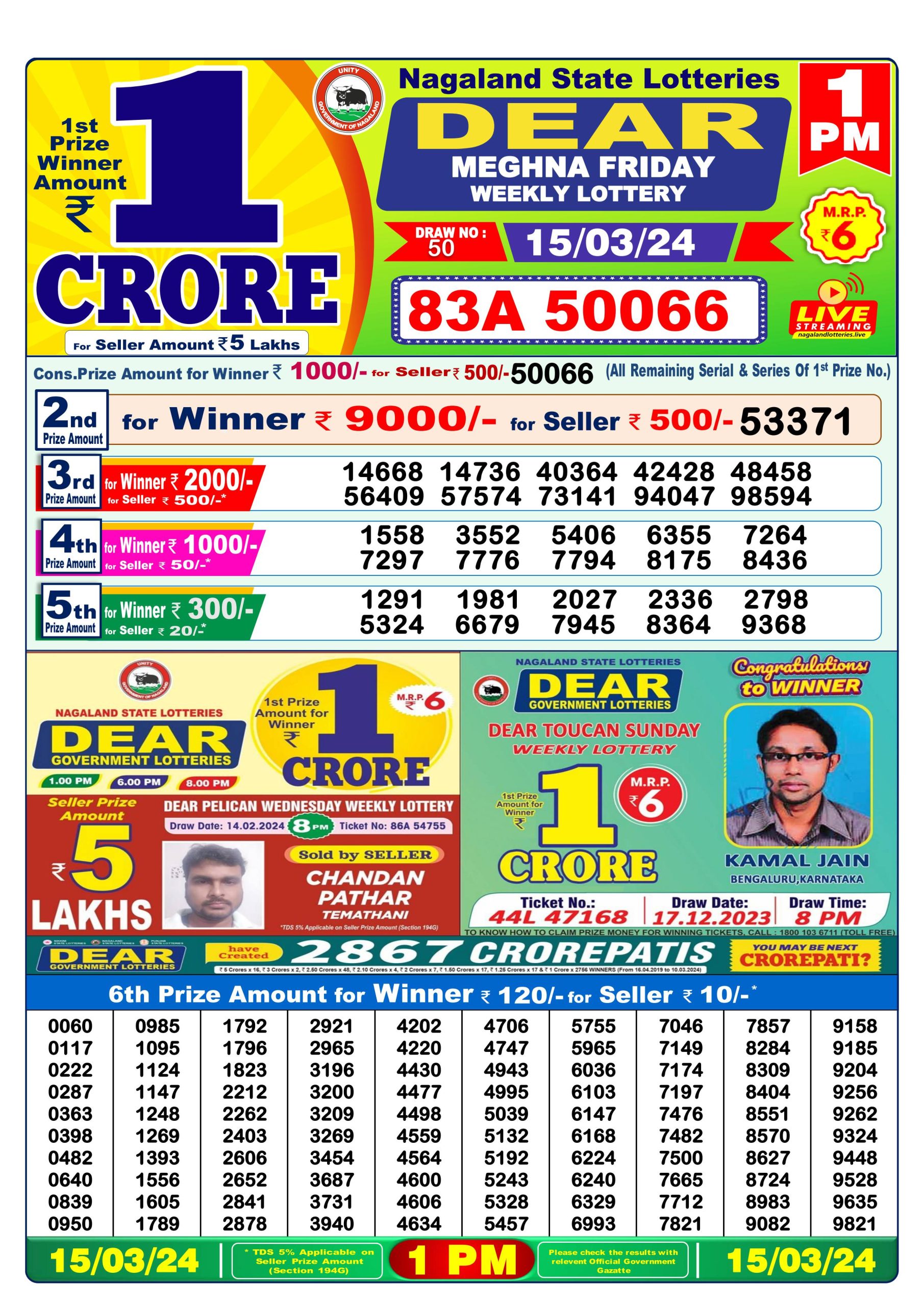 Dear lottery result 1pm 15-3-24