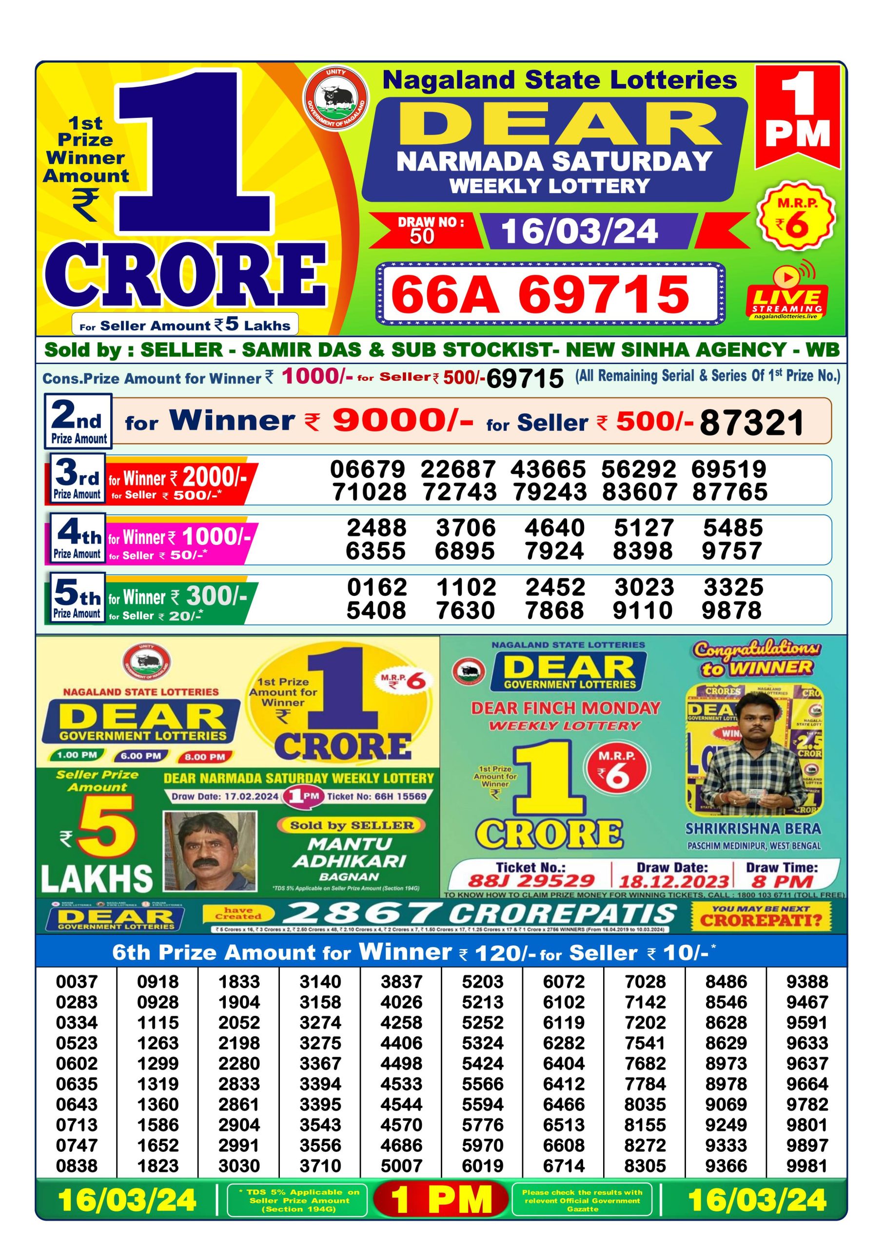 Dear lottery result 1pm 16-3-24