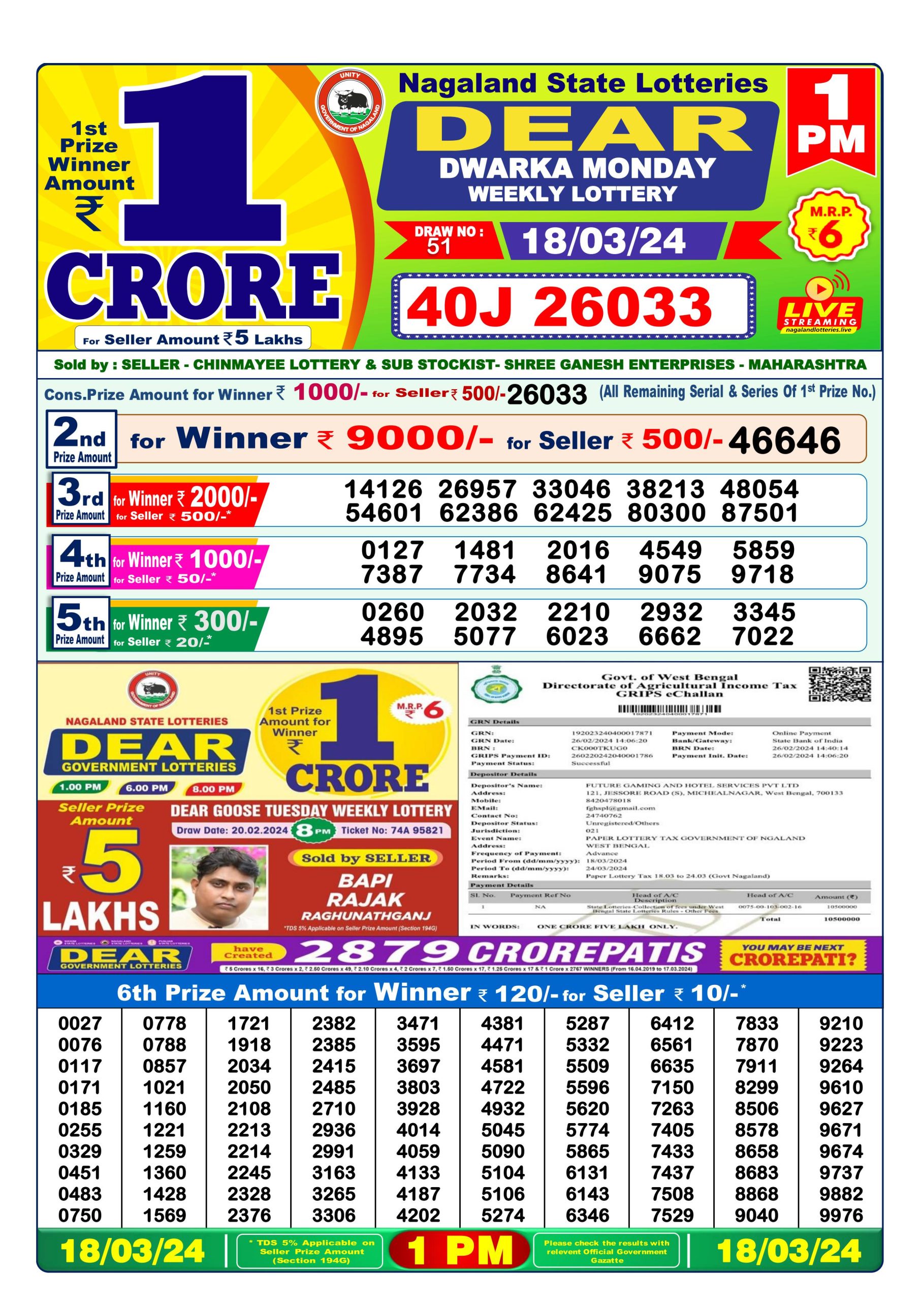 Dear lottery result 1pm 18-3-24