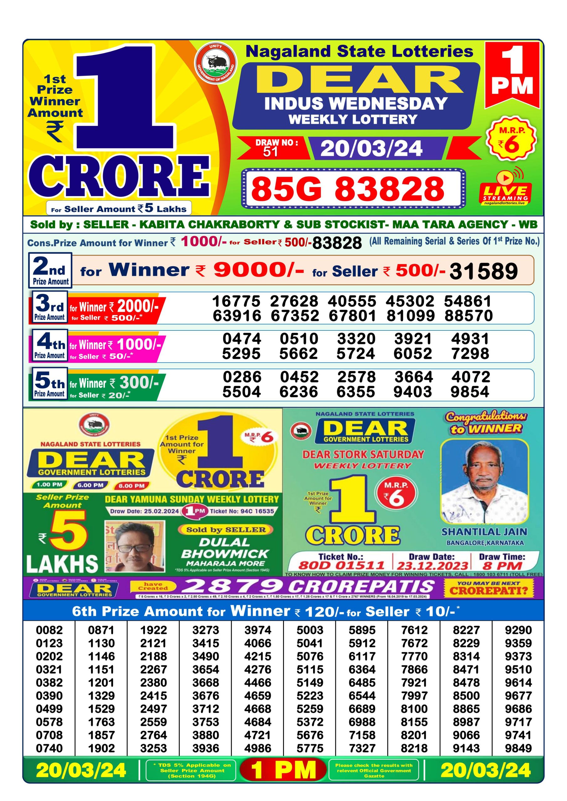 Dear lottery result 1pm 20-03-2024