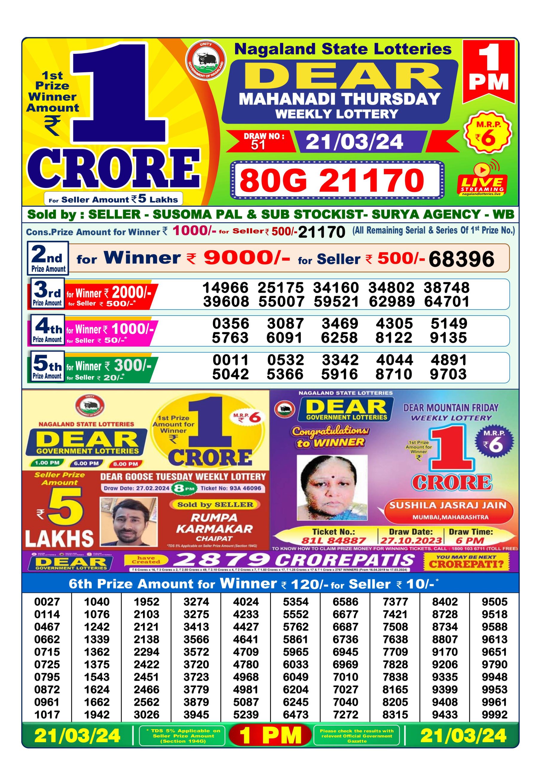 Dear lottery result 1pm 21-3-24