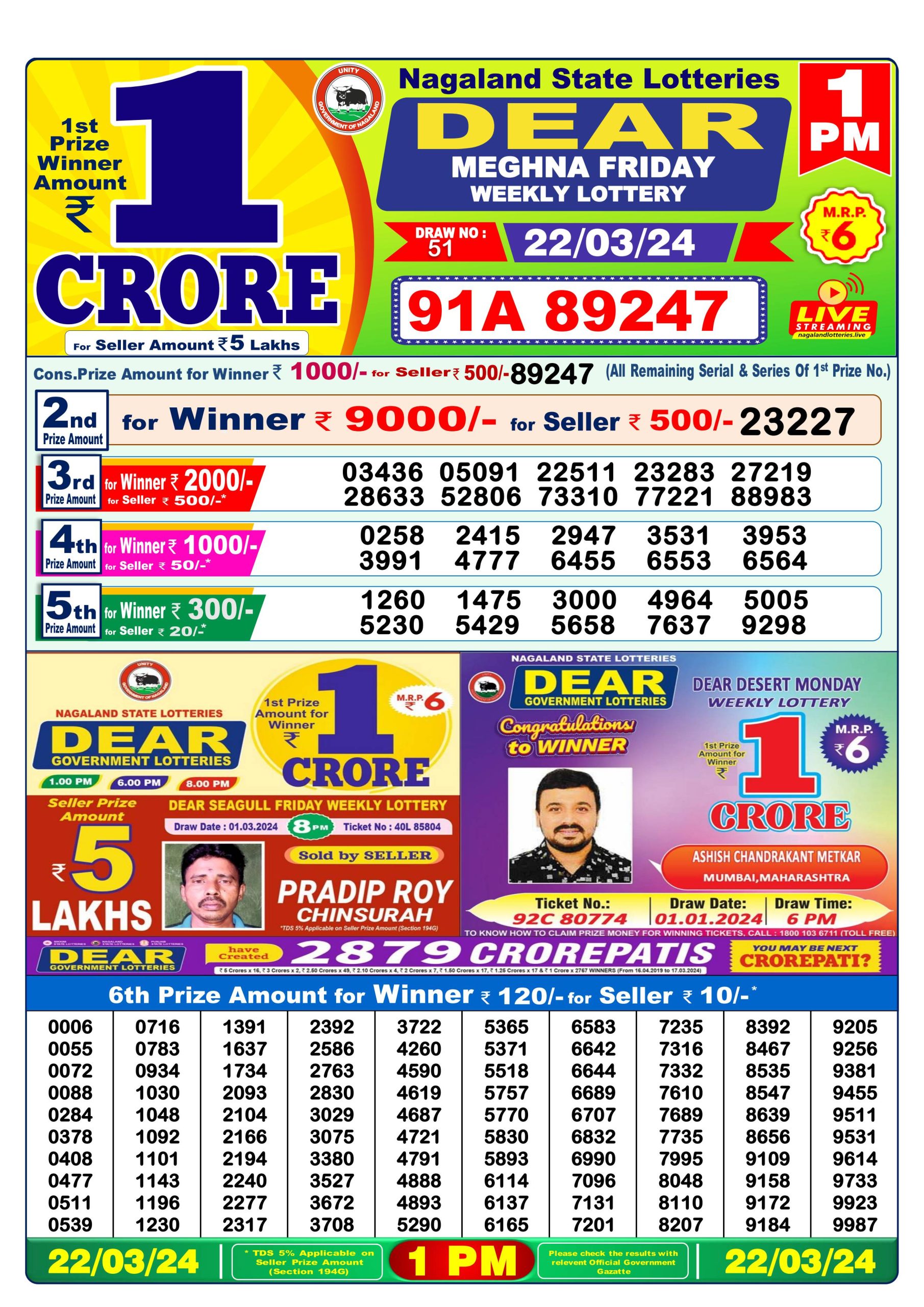 Dear lottery result 1pm 22-3-24