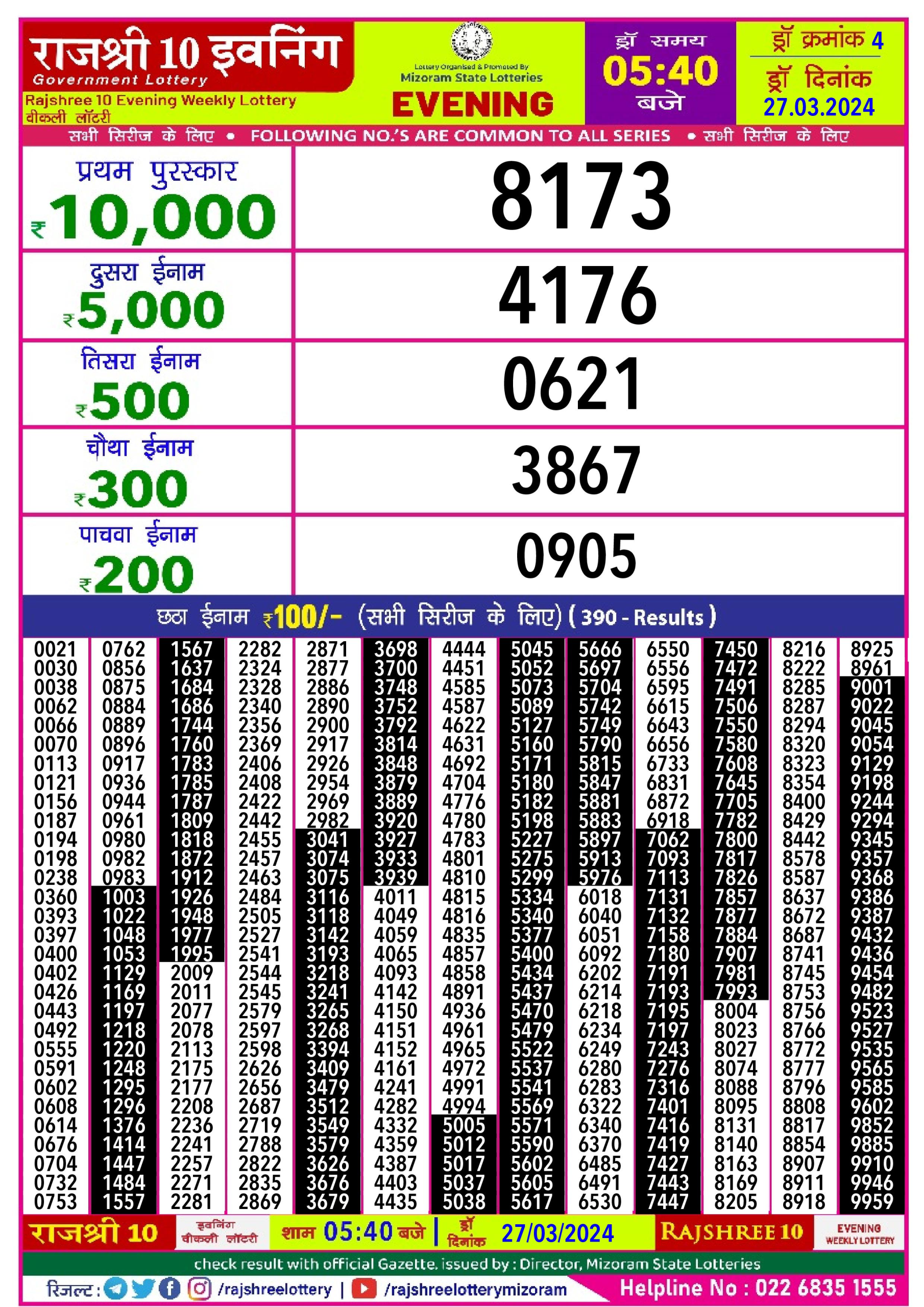 Rajshree lottery result 5.40pm 27-3-2024