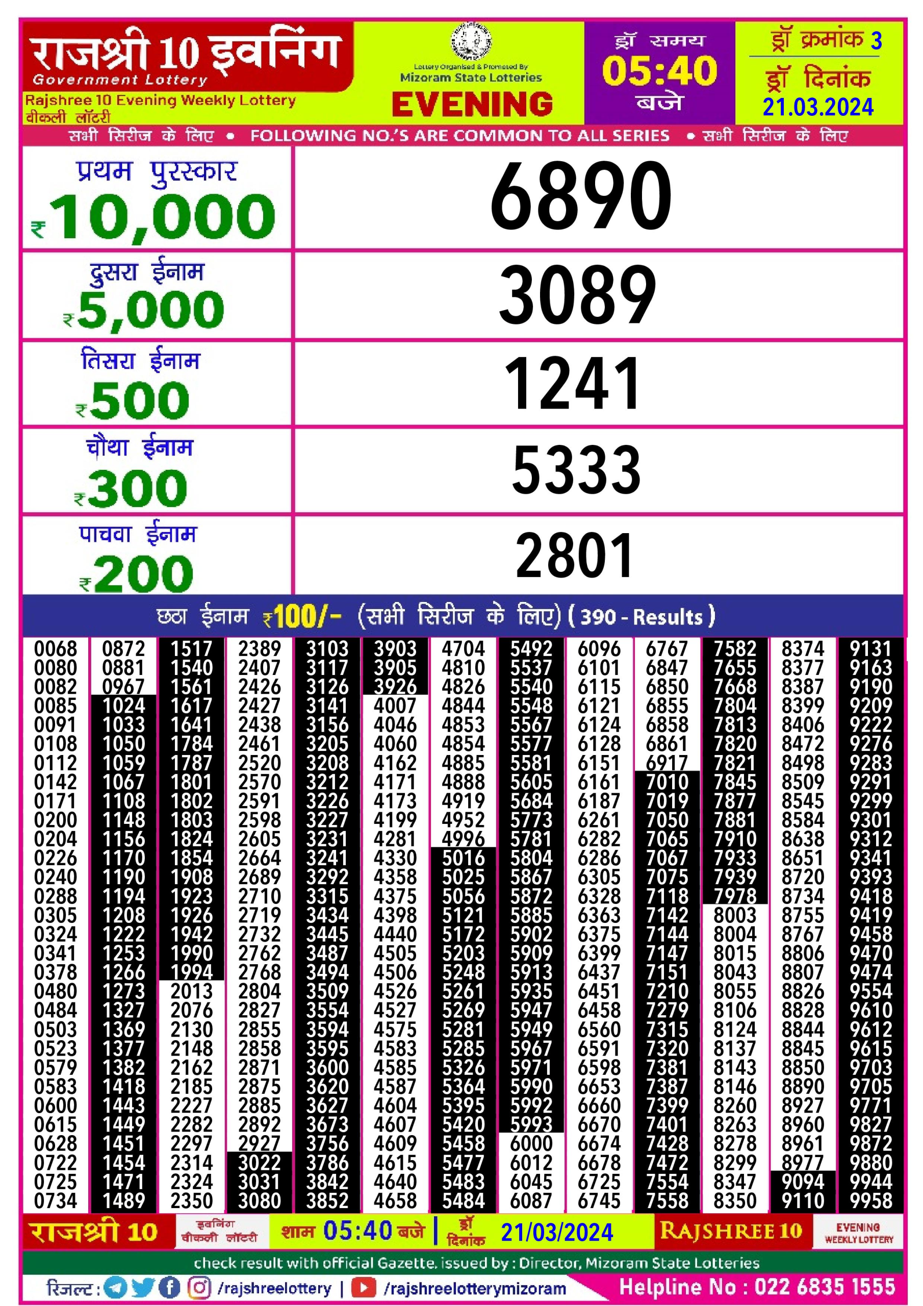 Rajshree daily lottery result 5.40pm 21-3-24